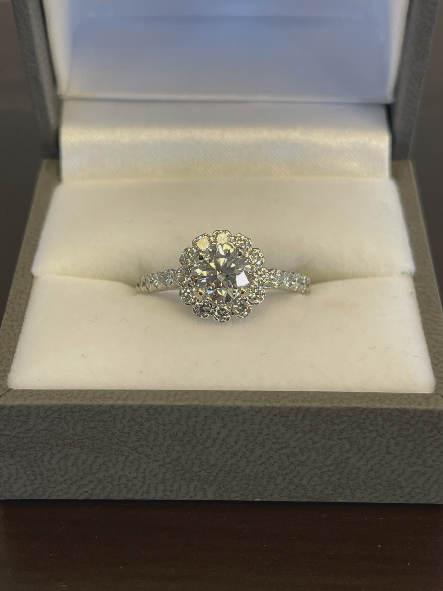 1.81CTW Cushion Cut Offset Diamond 14KT White Gold Engagement Ring with Round Brilliant Cut Diamond Halo and Shank