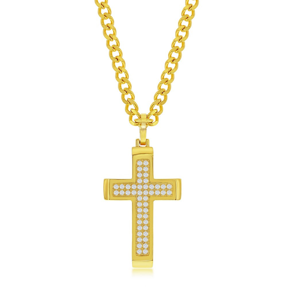 Stainless Steel Gold Plated Polished C/Z Cross Necklace 18" Chain