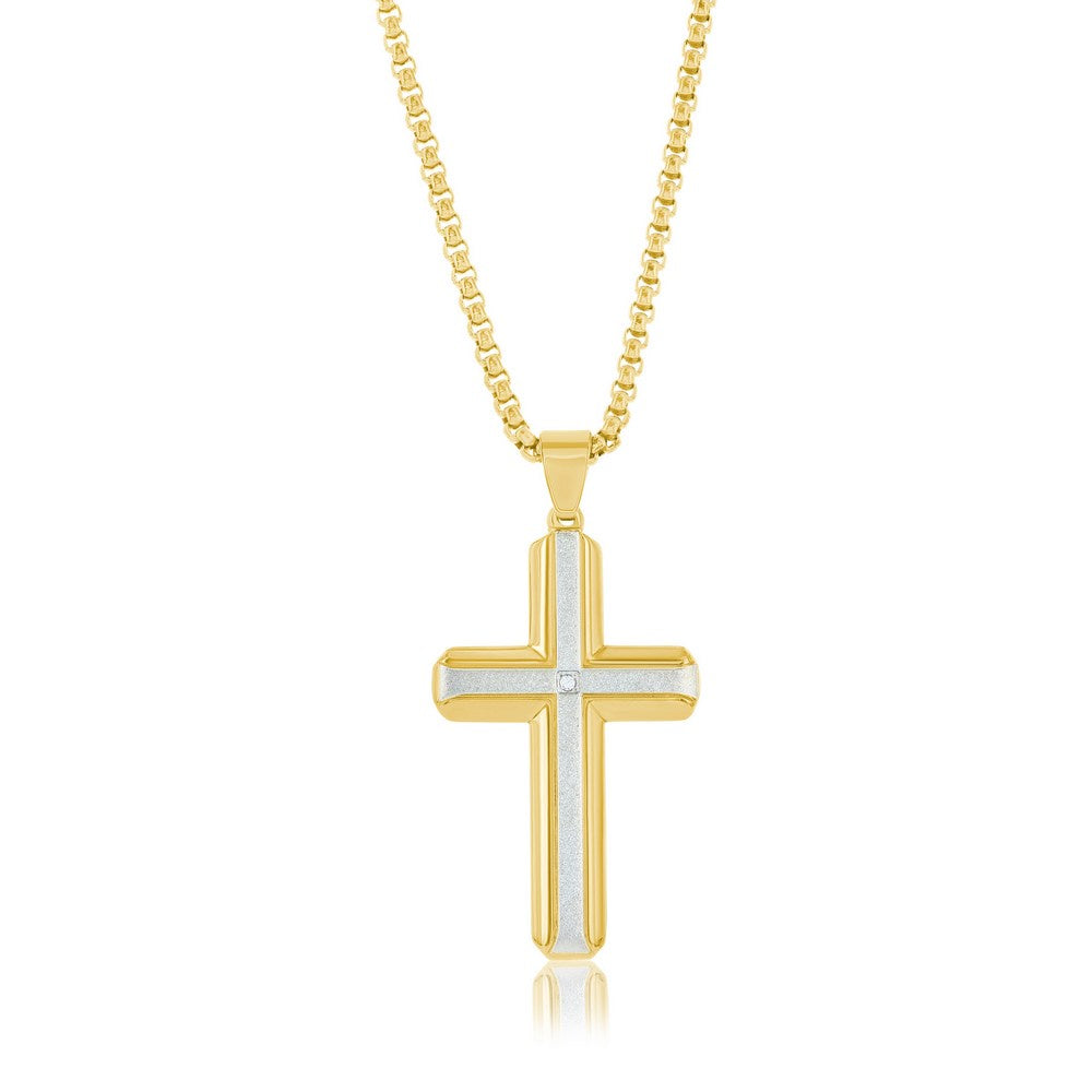 Stainless Steel Gold Plated Two Tone Polished Gold and Satin Stainless with Bezel Set C/Z Center Cross Necklace