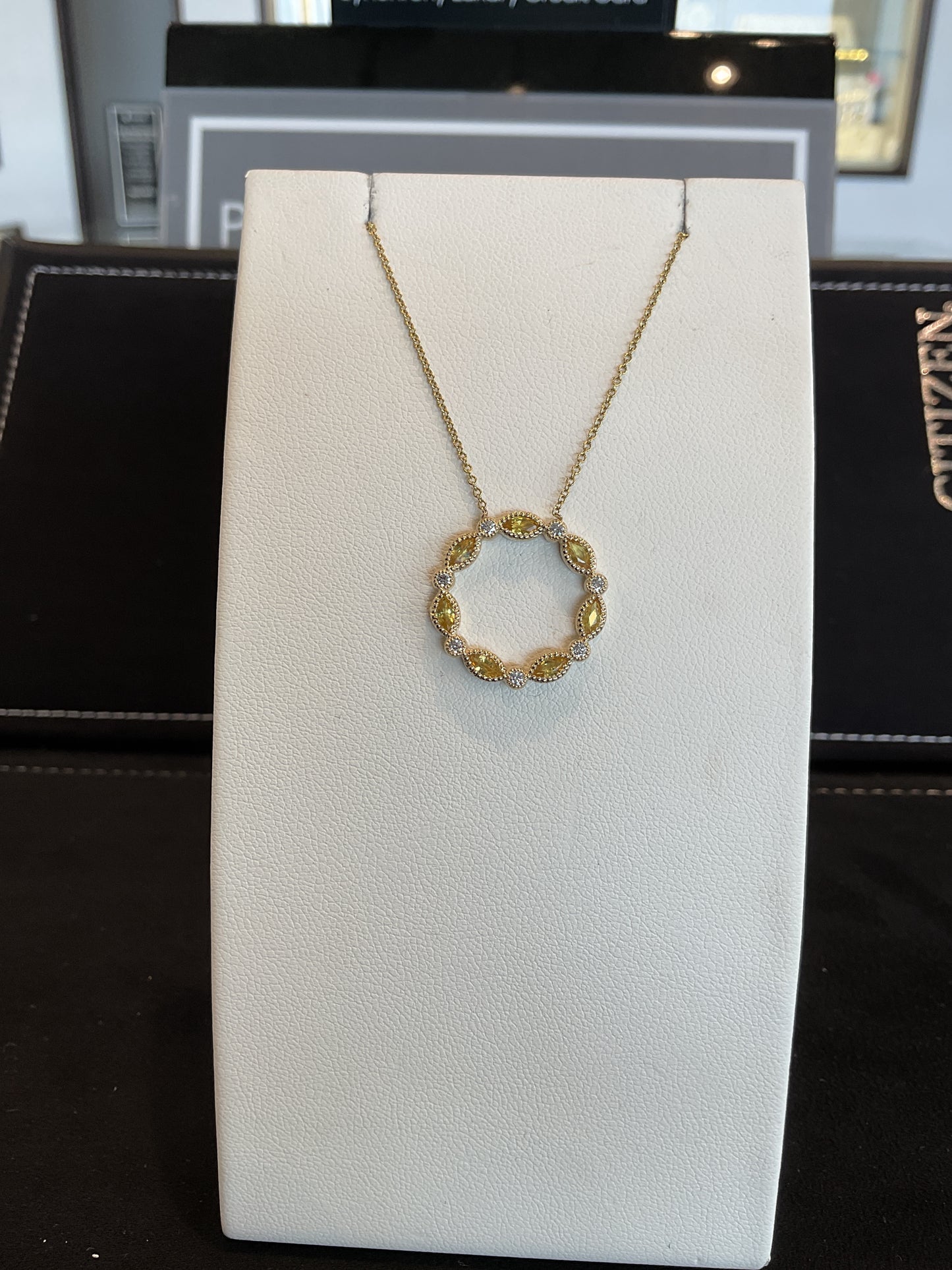 Marquis Cut Beaded Bezel Set Yellow Sapphires with Round Brilliant Cut Diamond Accents Circle Shape 14KT Yellow Gold Necklace 18" 14KT Yellow Gold Chain