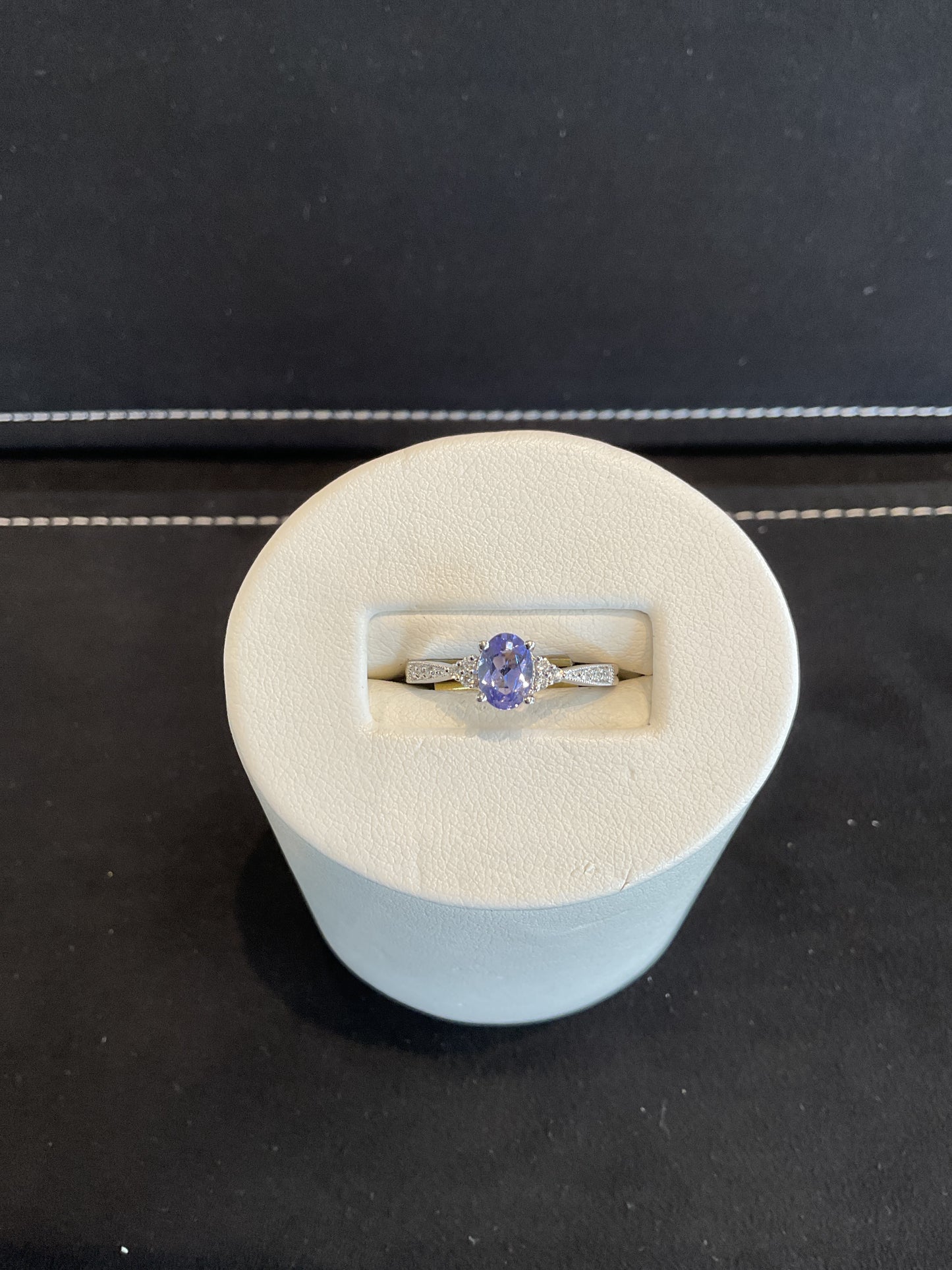 Oval Cut Tanzanite 14KT White Gold Ring with Round Brilliant Cut Diamond Halo and Shank