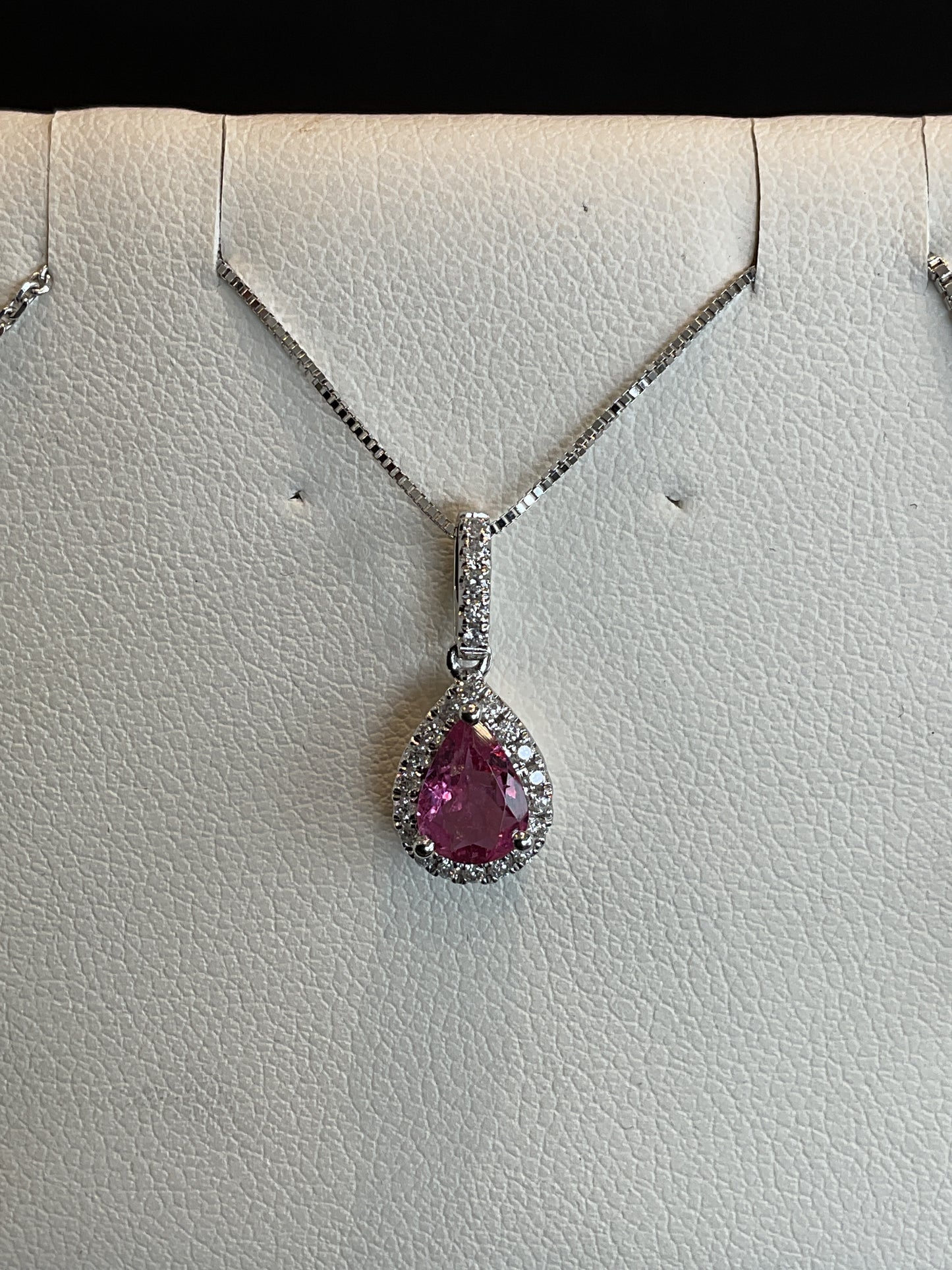 Pear Cut Pink Tourmaline with Round Brilliant Cut Diamond Halo Setting 14KT White Gold Necklace 18" Chain