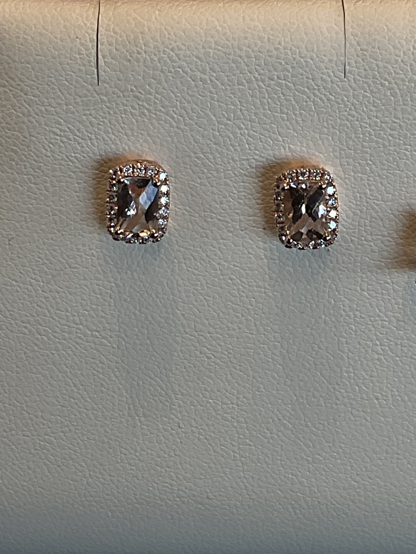 Radiant Cut Morganite with Round Brilliant Cut Diamond Halo Prong Set 14KT Rose Gold Stud Earrings