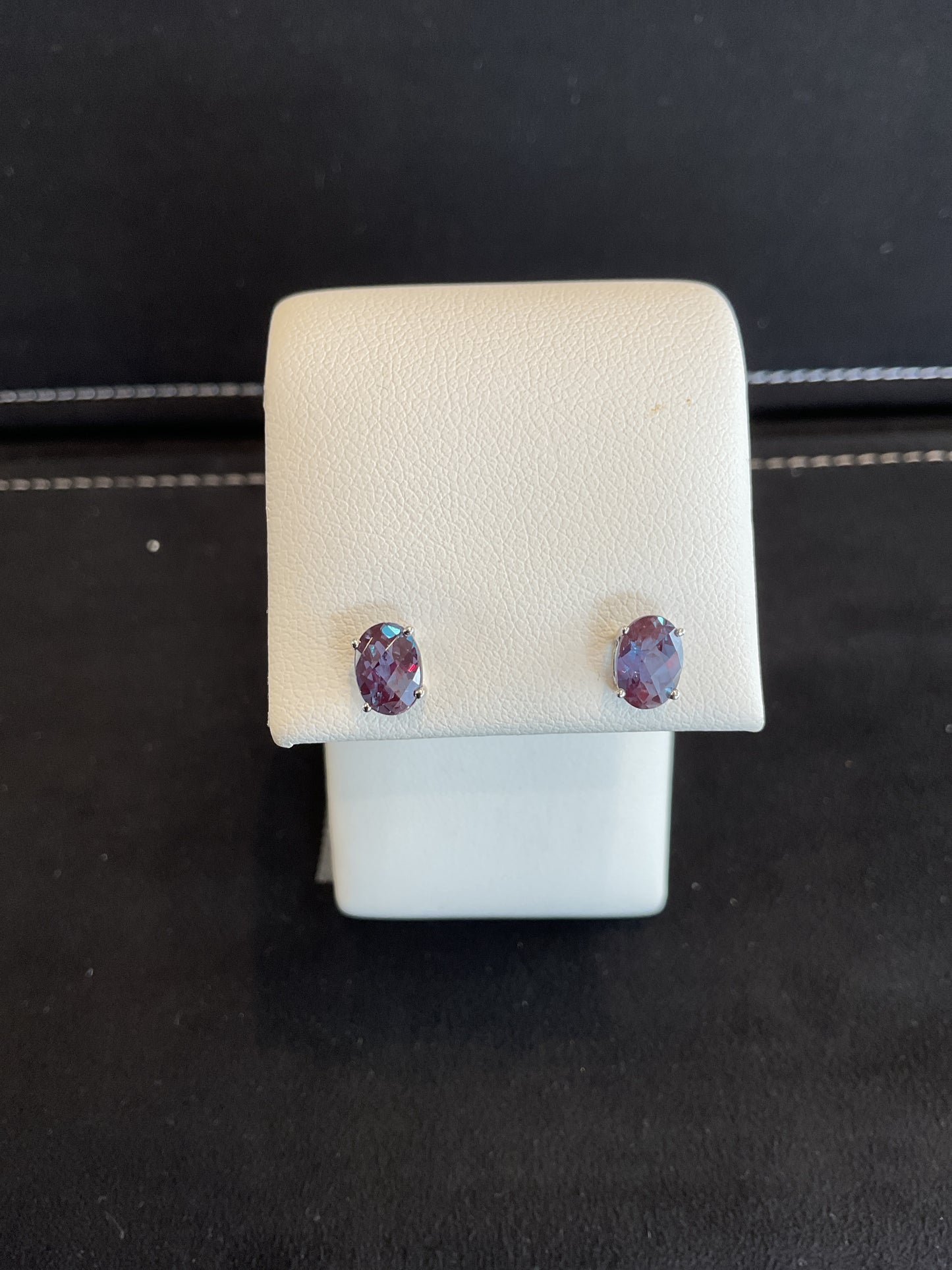 Oval Cushion Cut Lab Created Alexandrite Prong Set 14KT White Gold Stud Earrings