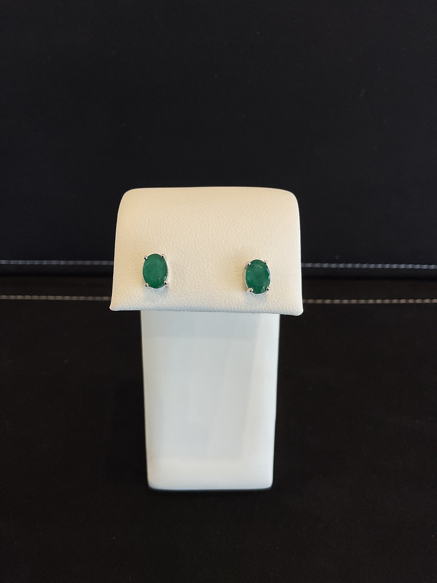 Oval Cut Emerald Prong Set 14KT White Gold Stud Earrings