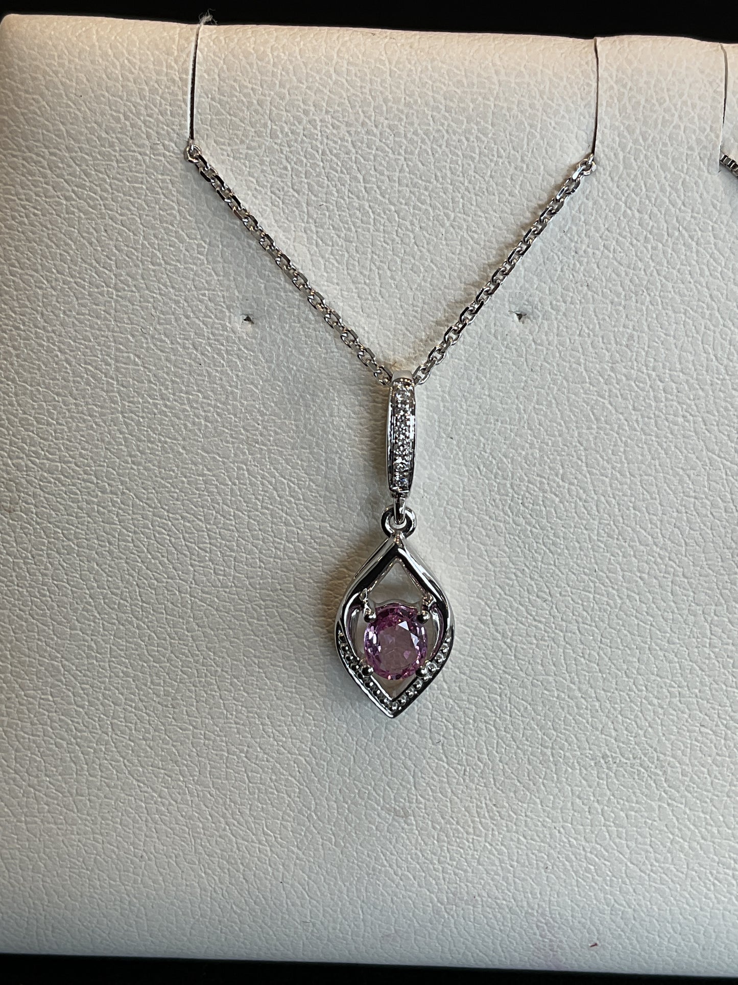 Oval Cut Pink Sapphire Dangle Drop Necklace with Round Brilliant Cut Diamond Accents 14KT White Gold Necklace 18" Chain