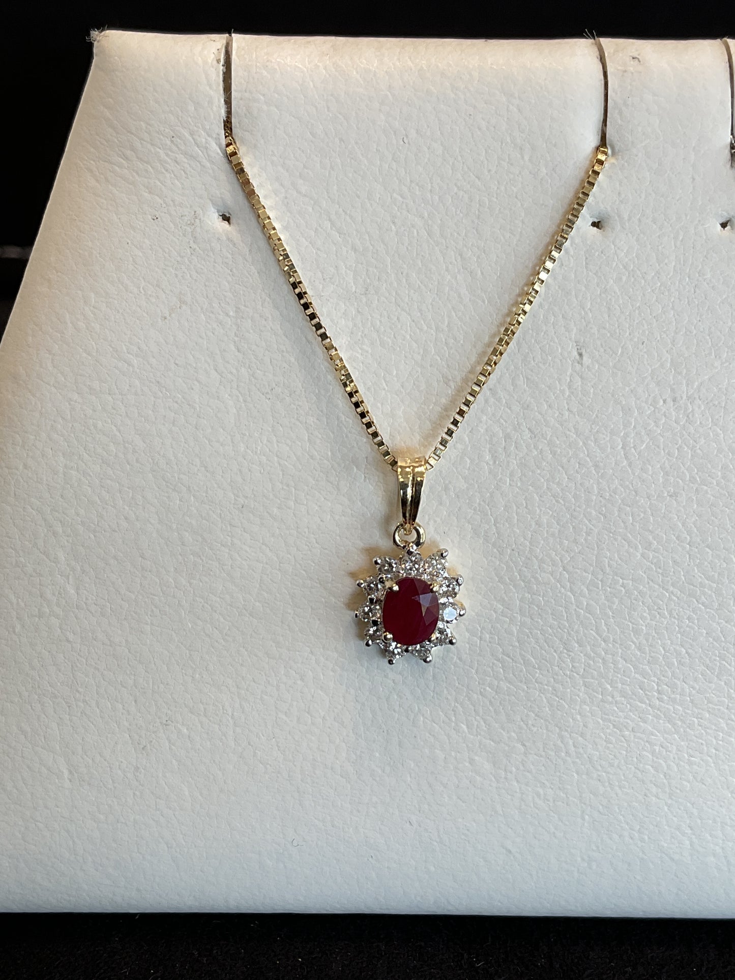 Oval Cut Red Ruby with Round Brilliant Cut Diamond Pronged Halo 14KT Yellow Gold Necklace 18" 10KT Chain