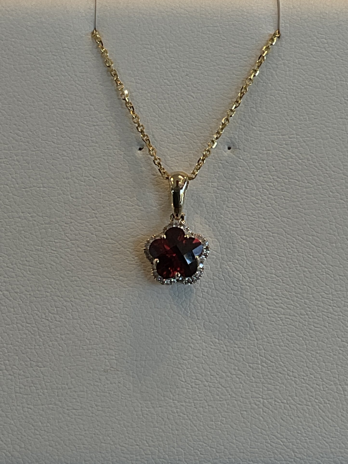Checkerboard Clover Cut Red Garnet with Round Brilliant Cut Diamond Halo 14KT Yellow Gold Necklace 18" 14KT Yellow Gold Chain