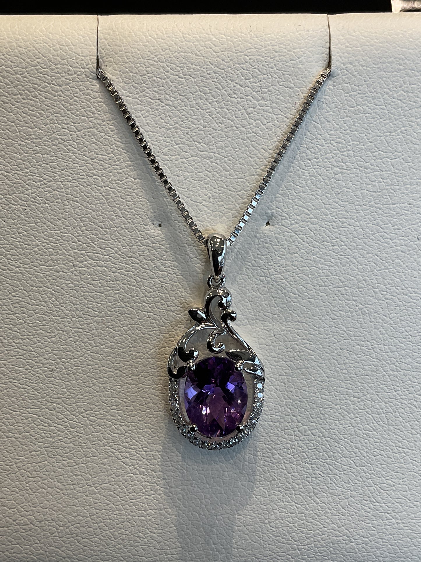 Oval Cut Purple Amethyst with Round Brilliant Cut Diamond Half Halo14KT White Gold Antique Style Necklace 18" 14KT White Gold Chain