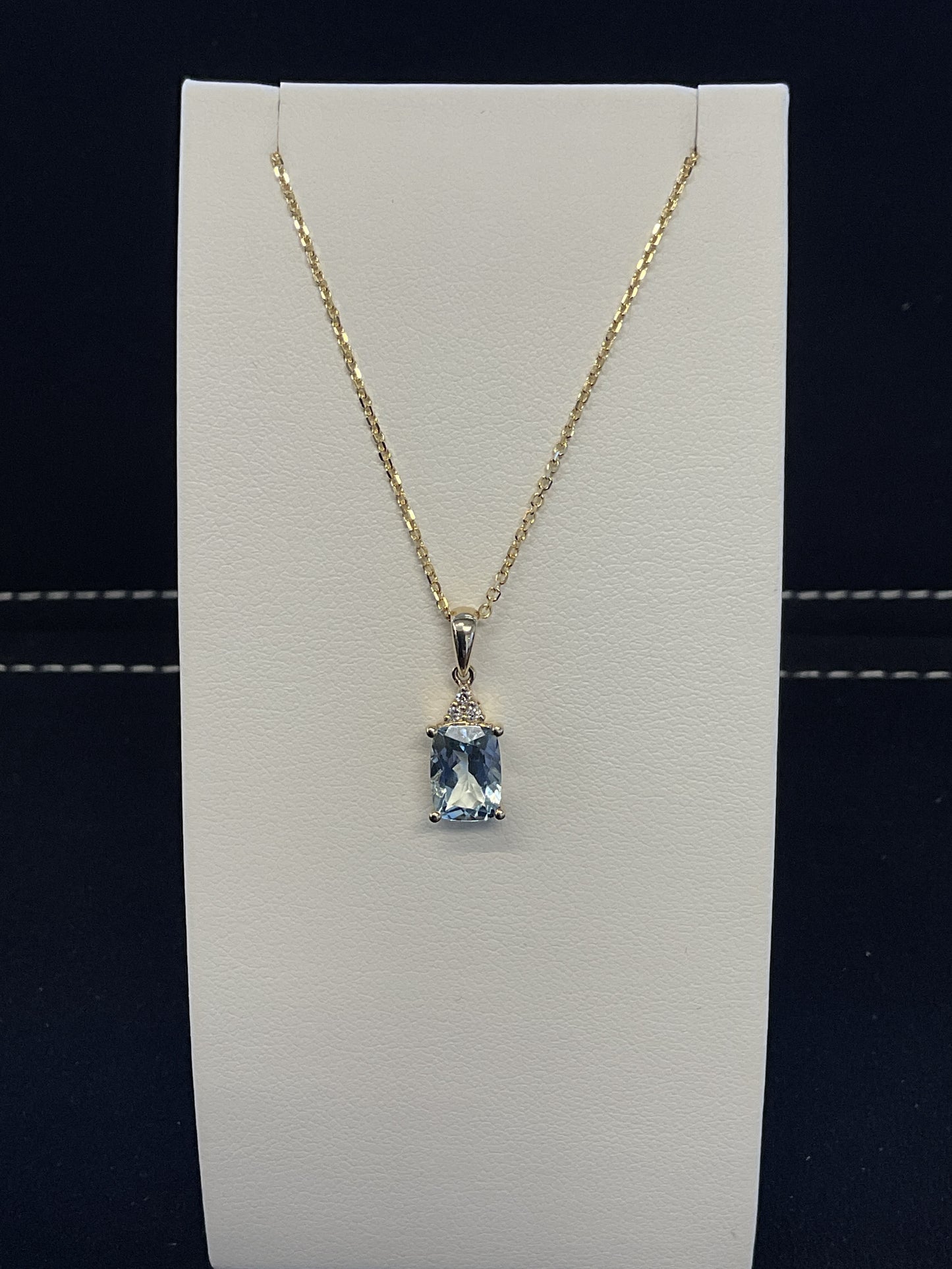 Radiant Cut Aquamarine with Round Diamond Accents 14KT Yellow Gold Necklace 18" Chain