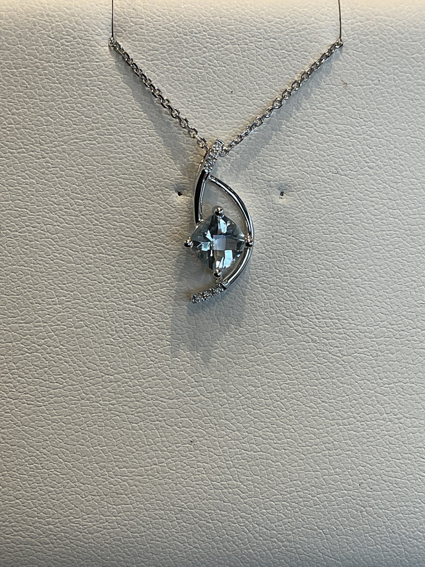 Checkered Cushion Cut Aquamarine with Round Brilliant Cut Diamond Accents 14KT White Gold Fancy Drop Necklace 18" 14KT White Gold Chain