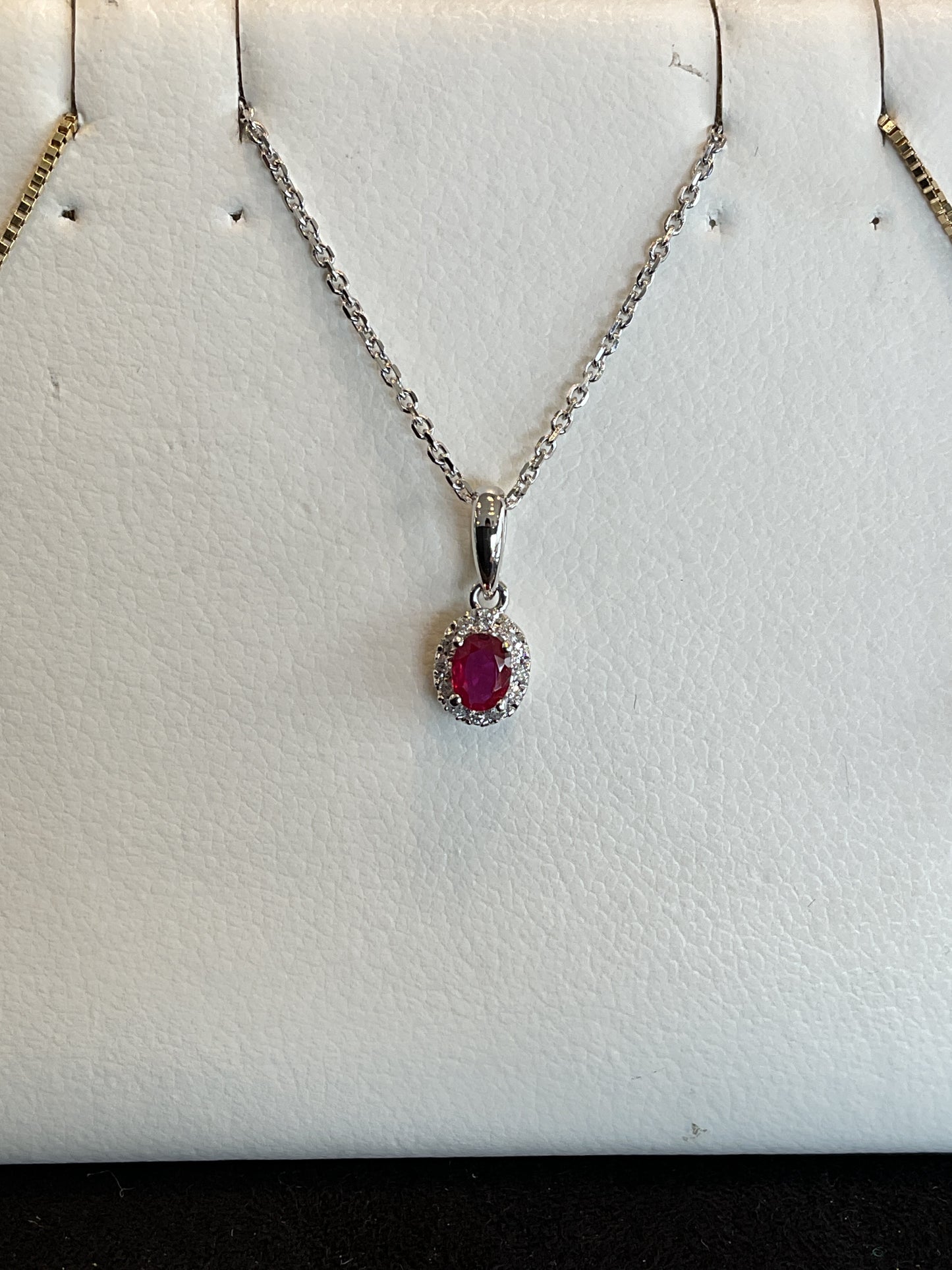 Oval Cut Red Ruby with Round Brilliant Cut Diamond Halo Setting 14KT White Gold Necklace 18" 10KT Chain