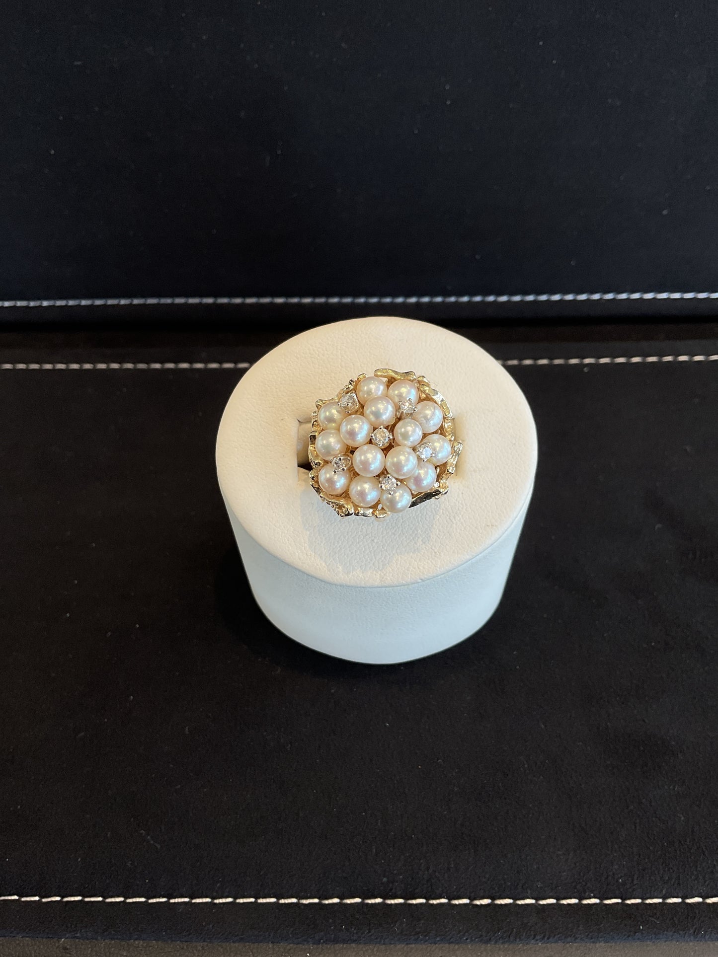 Cultured Pearl Cluster with Round Brilliant Cut Diamond Accents 14KT Yellow Gold Free Cast Form Setting Ring