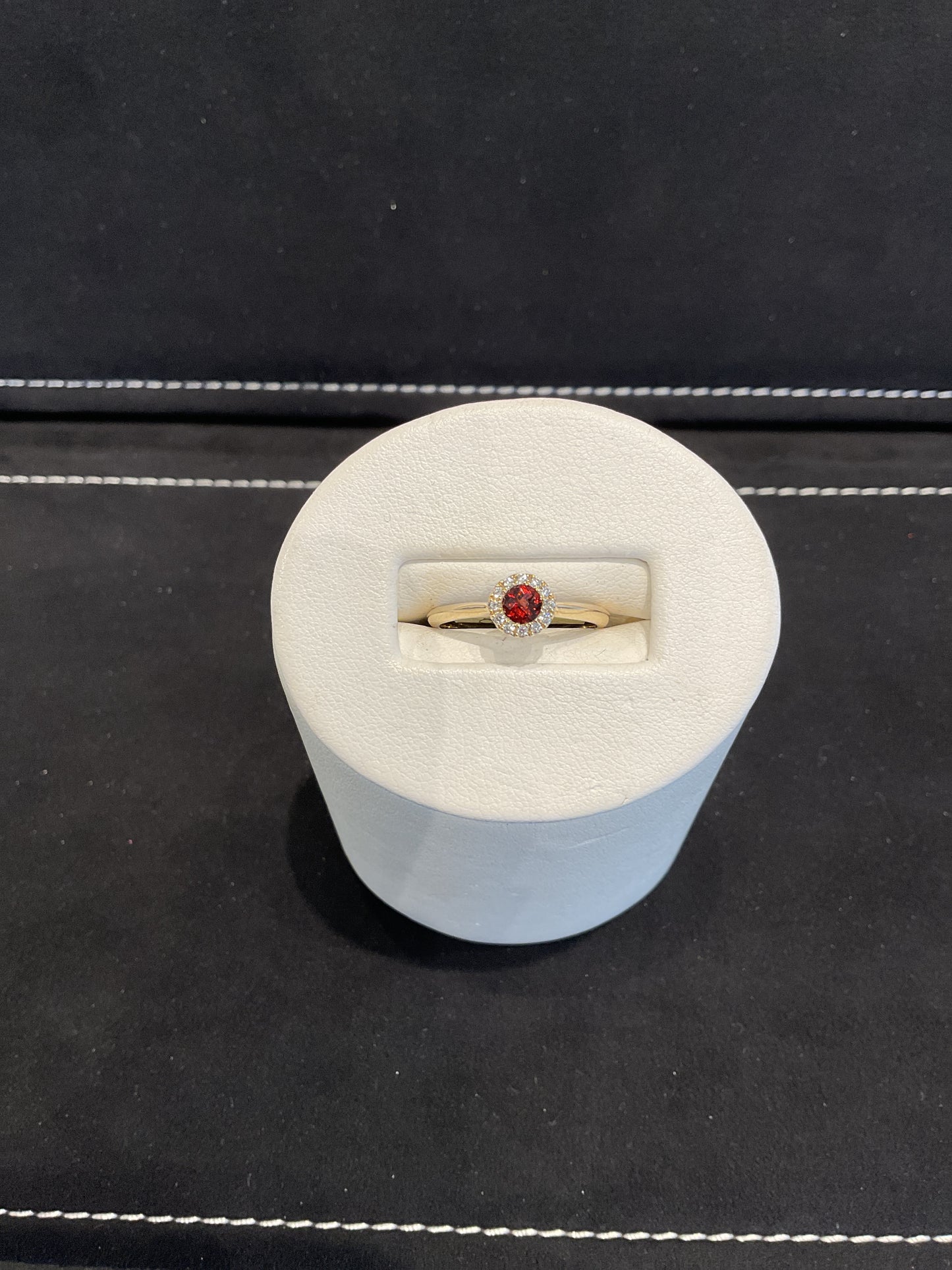 Round Checkerboard Cut Red Garnet 14KT Yellow Gold Ring with Round Brilliant Cut Diamond Halo