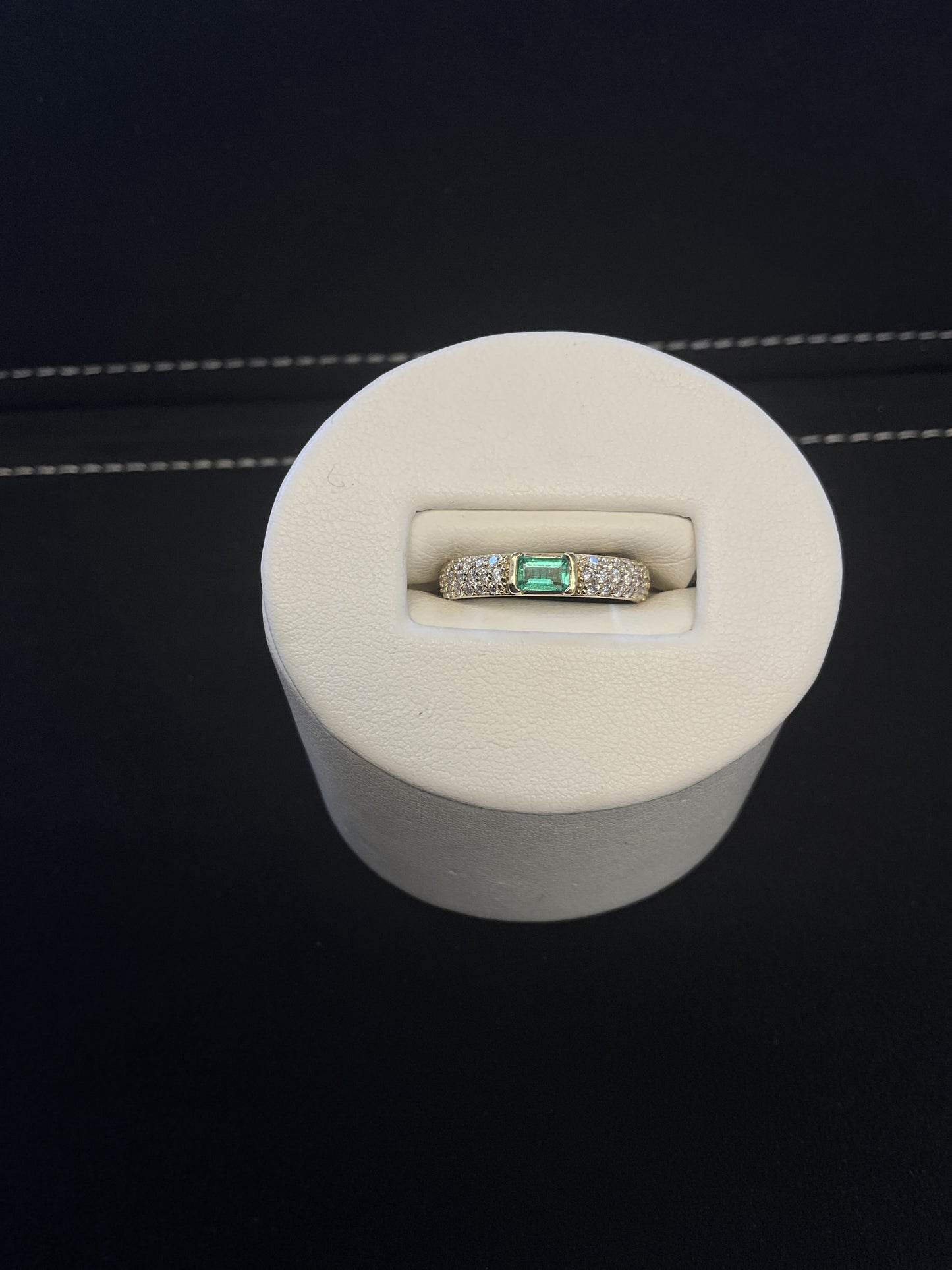 Emerald Cut Bezel Set Emerald 14KT Yellow Gold Ring with Round Brilliant Cut Cluster Diamond Shank