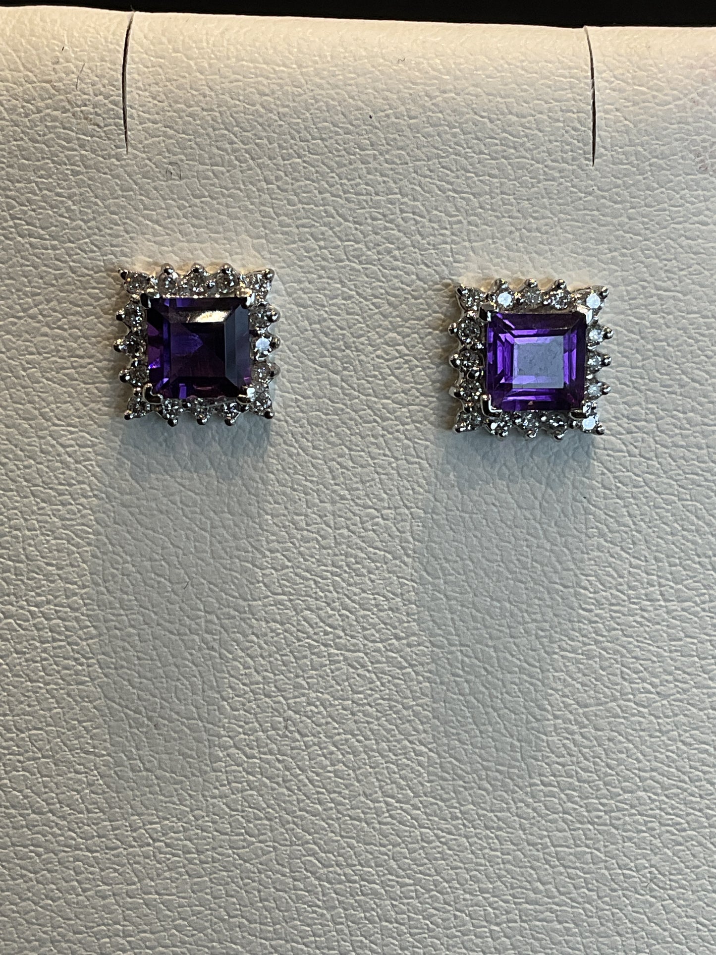 Square Cut Purple Amethyst Prong Set 14KT White Gold Round Brilliant Cut Diamond Halo Stud Earrings