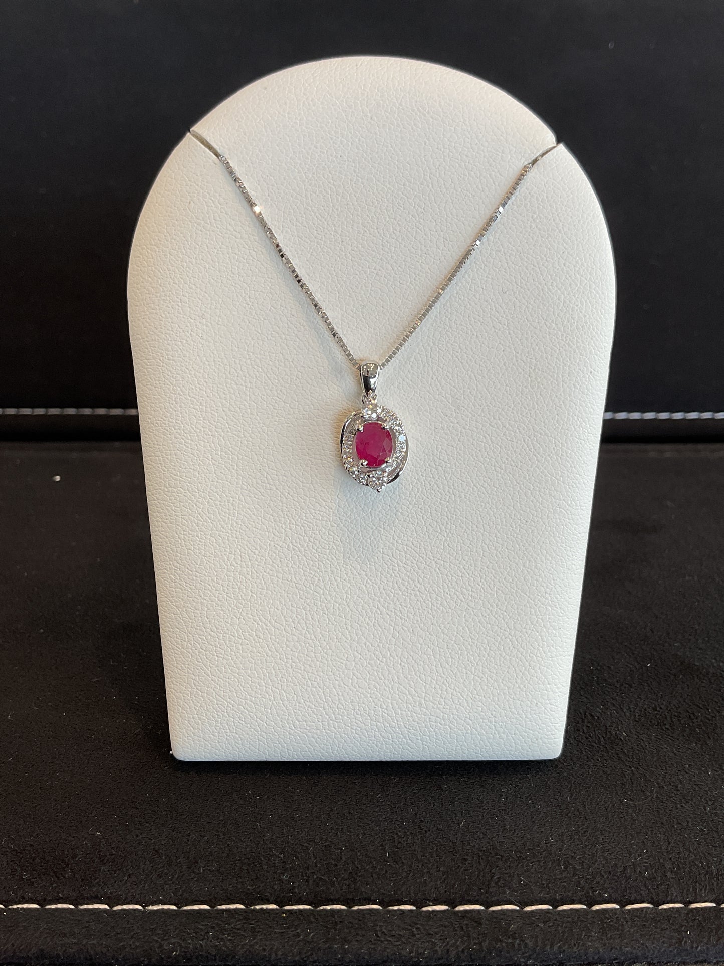 Oval Cut Red Ruby with Round Brilliant Cut Diamond Accents 14KT White Gold Necklace 18" Chain