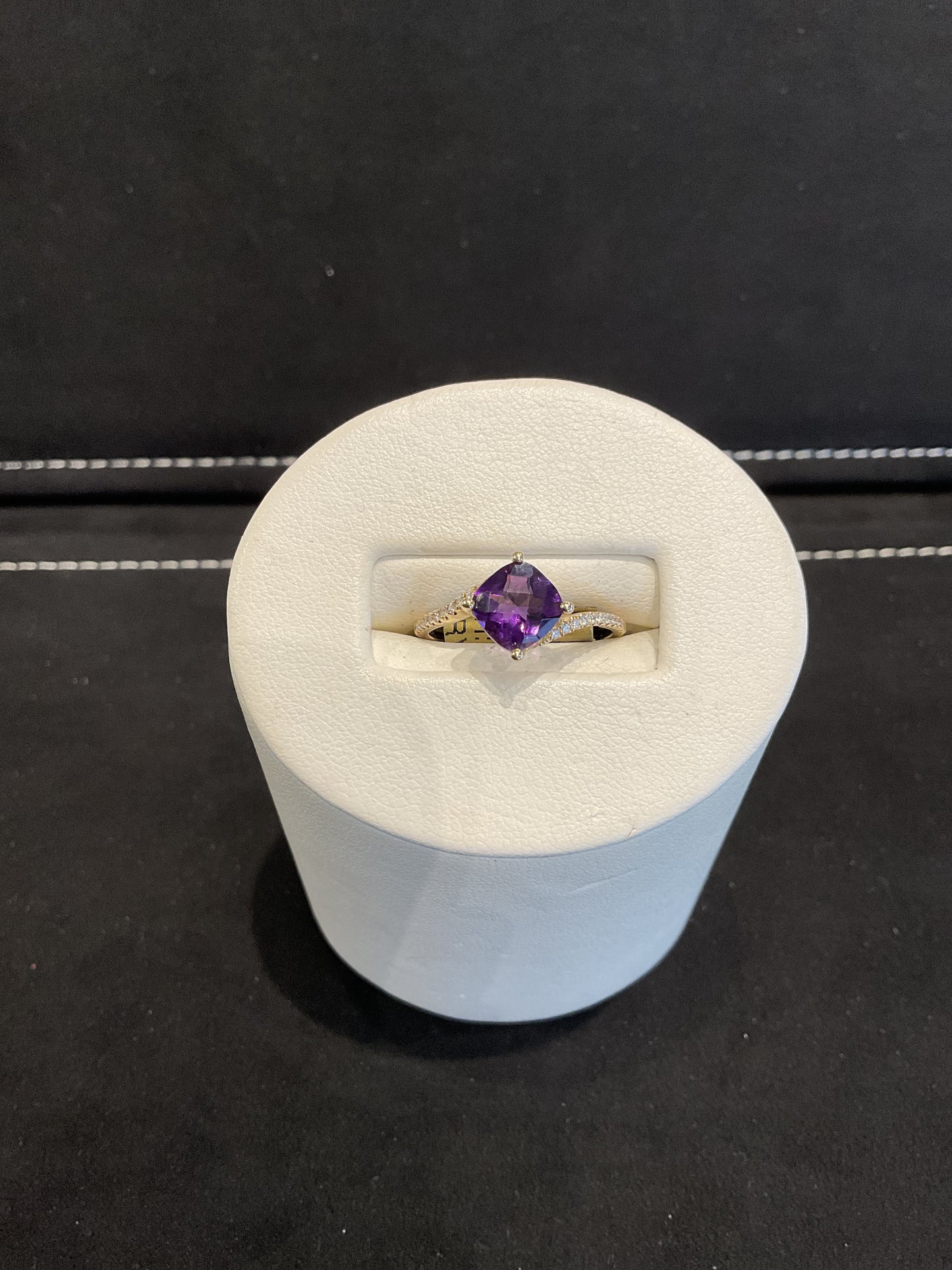 Checkerboard Cushion Cut Purple Amethyst 14KT Yellow Gold Ring with Round Brilliant Cut Diamond Accents