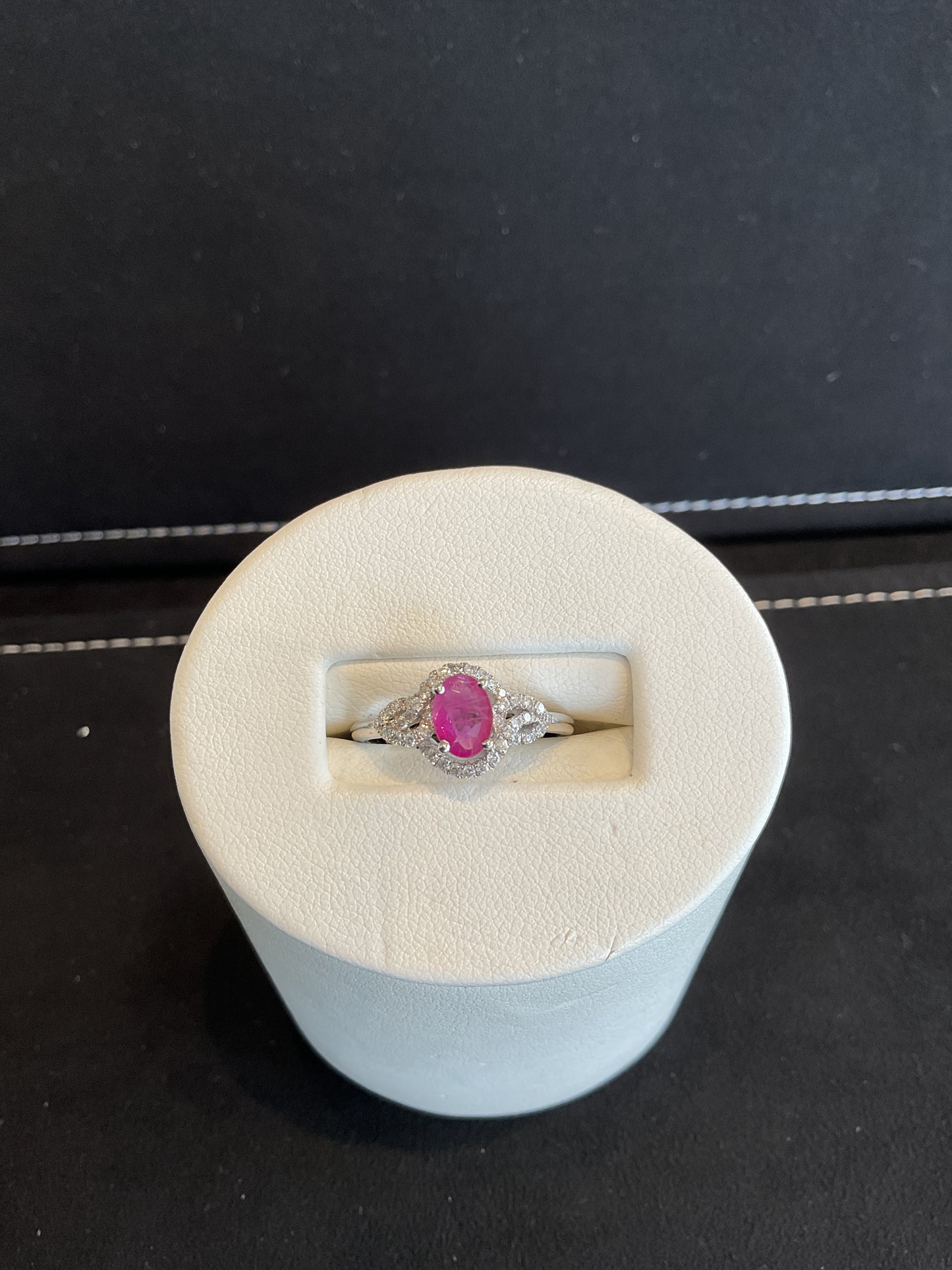 Oval Cut Red Ruby 14KT White Gold Ring with Round Brilliant Cut Diamonds