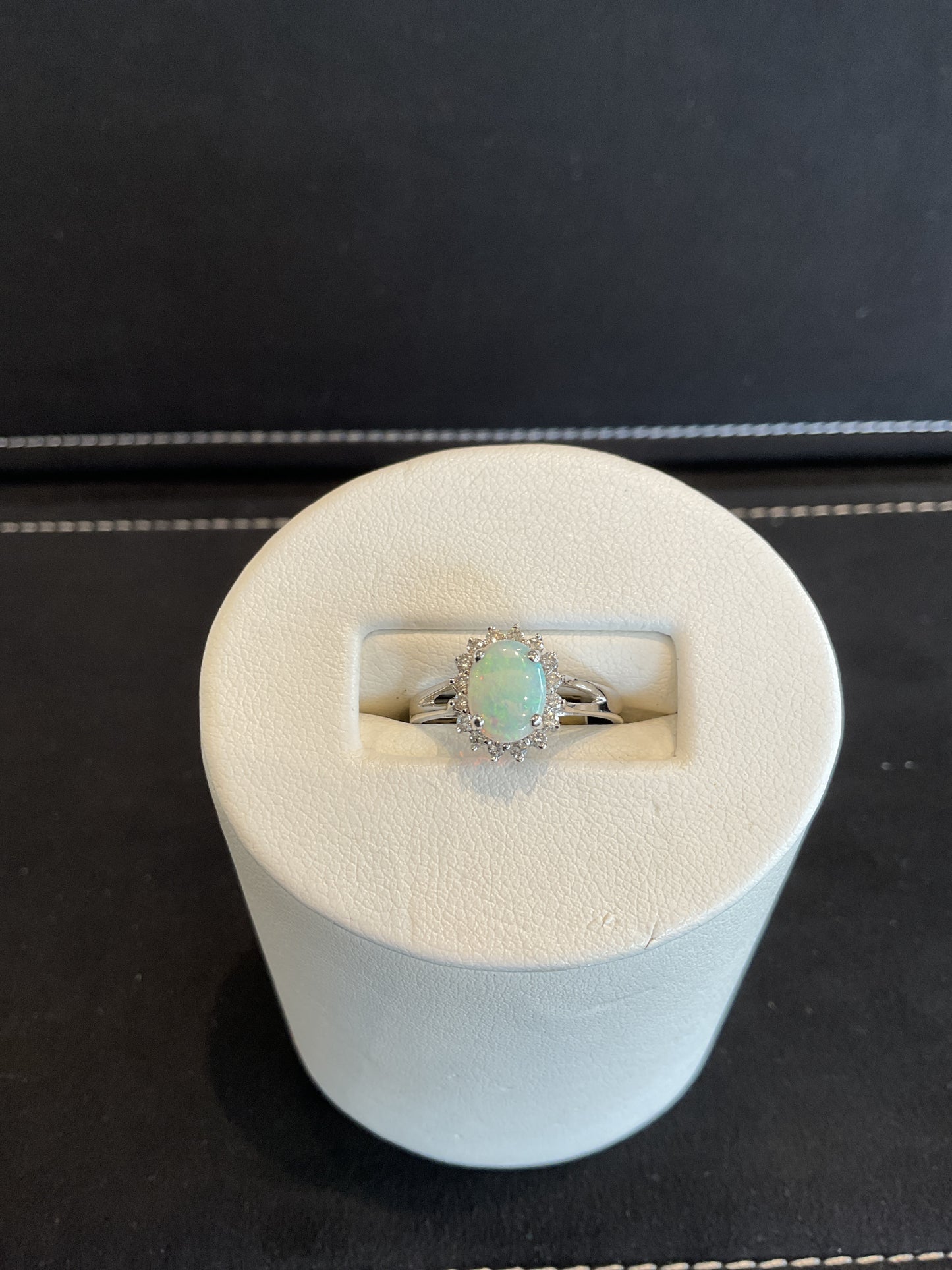 Oval Cut Opal with Round Brilliant Cut Diamond Halo 14KT White Gold Ring