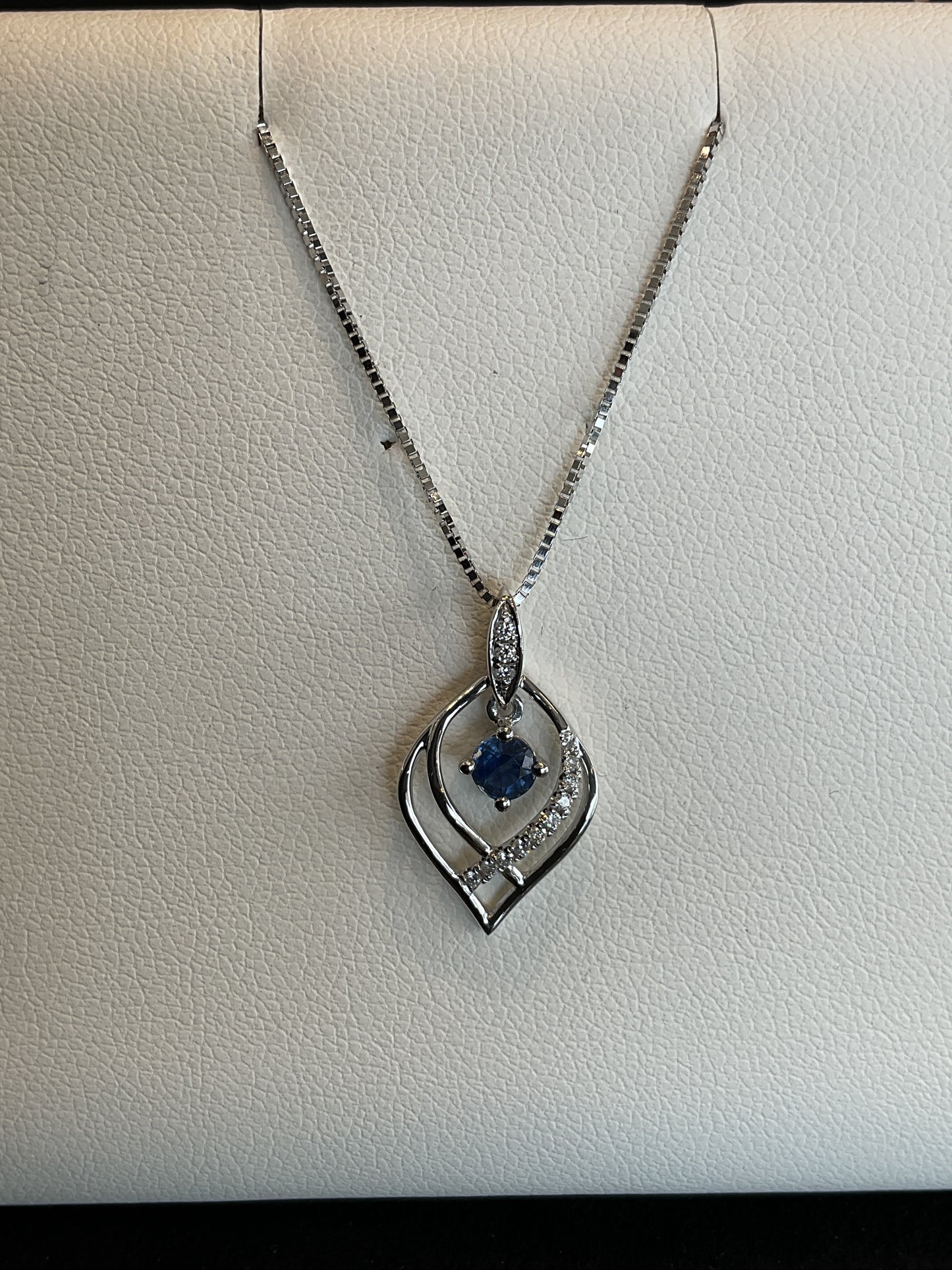 Round Cut Blue Sapphire with Round Brilliant Cut Diamond Accents 14KT White Gold Dancing Drop Necklace 16" 14KT White Gold Chain