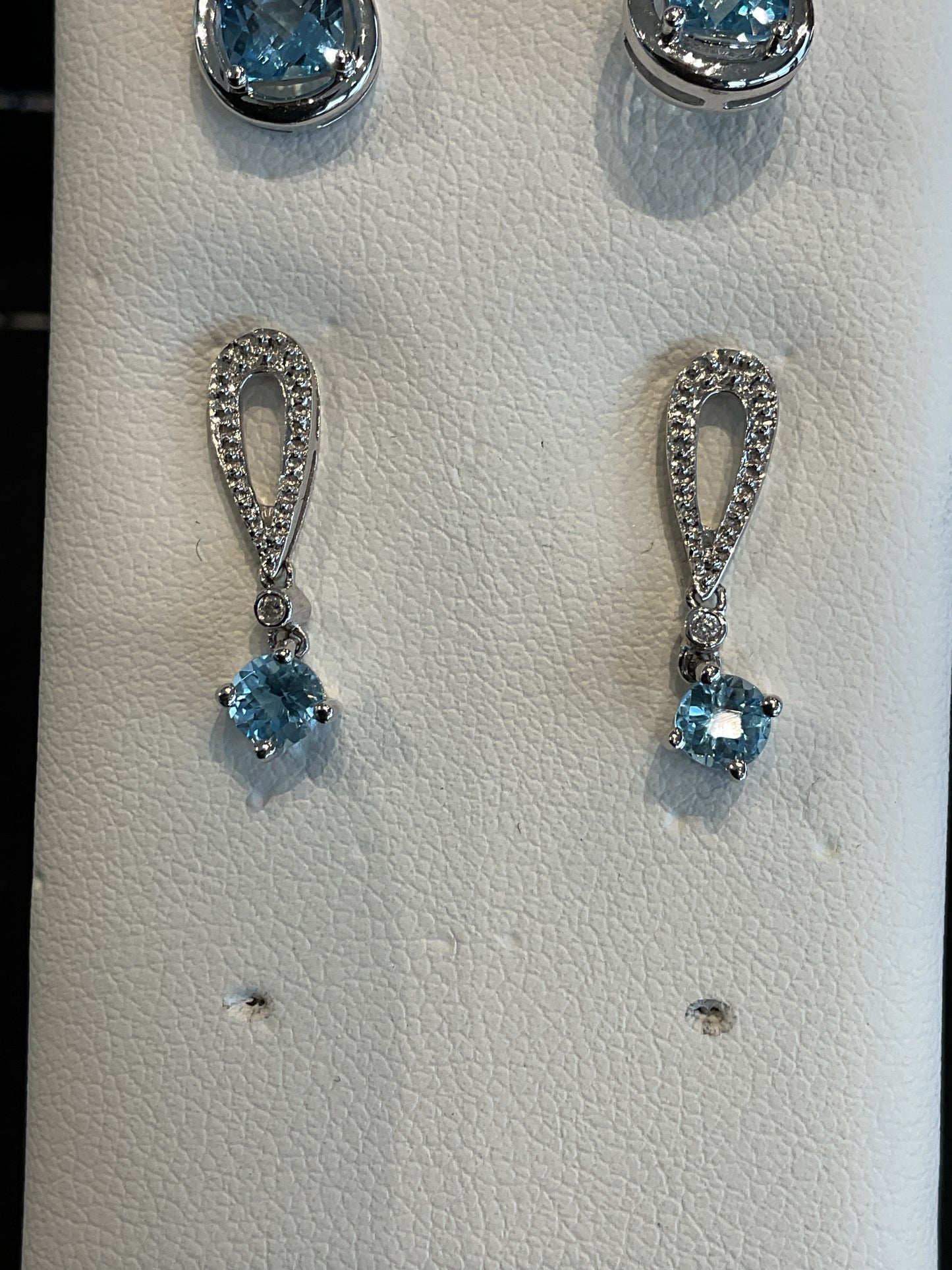 Round Cut Sky Blue Topaz with Round Brilliant Cut Diamond 14KT White Gold Rabbit Ear Style Drop Stud Earrings