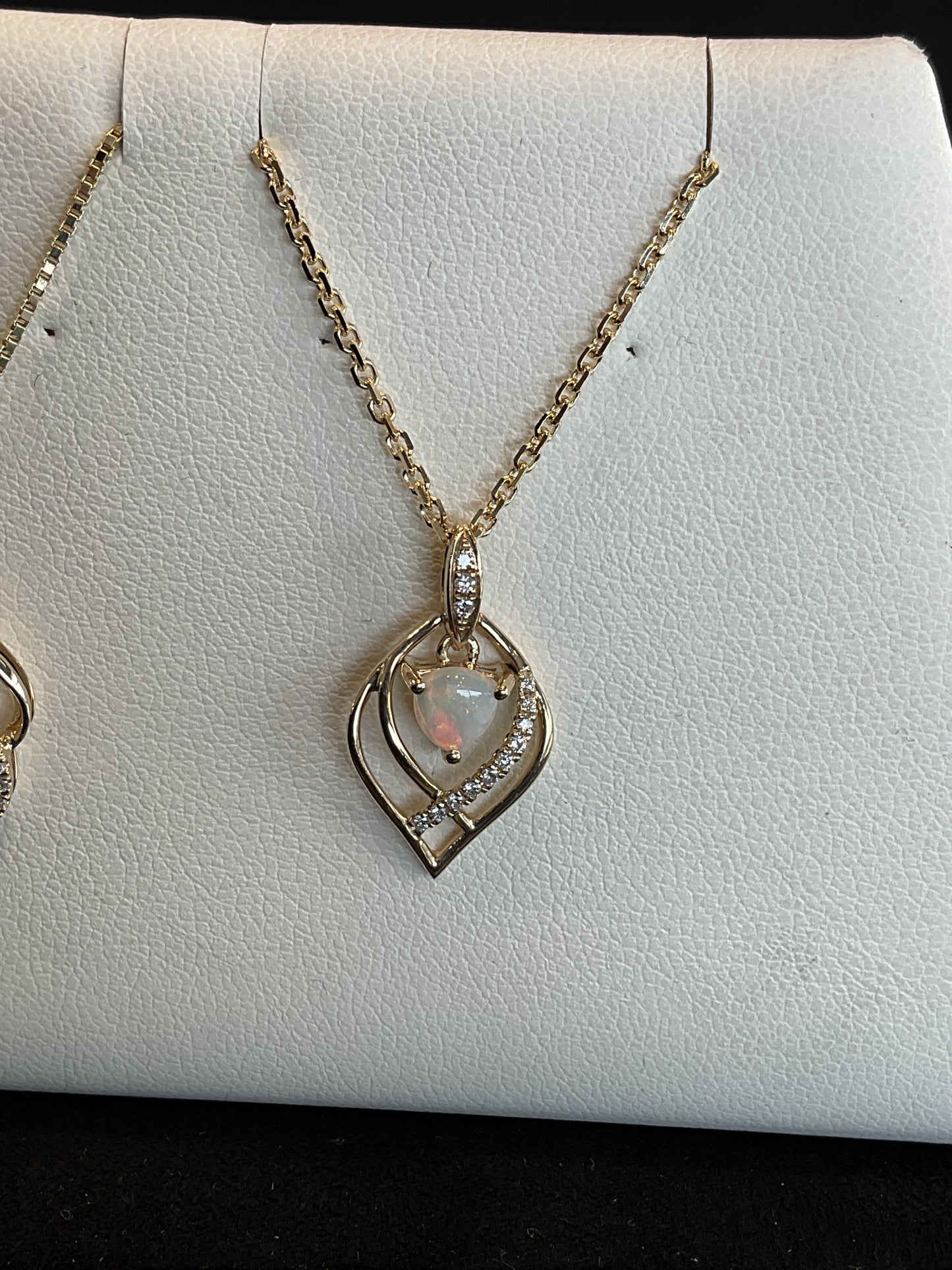 Trillion Cut Opal with Round Brilliant Cut Diamond Accents 14KT Yellow Gold Drop Necklace 18" 10KT Chain