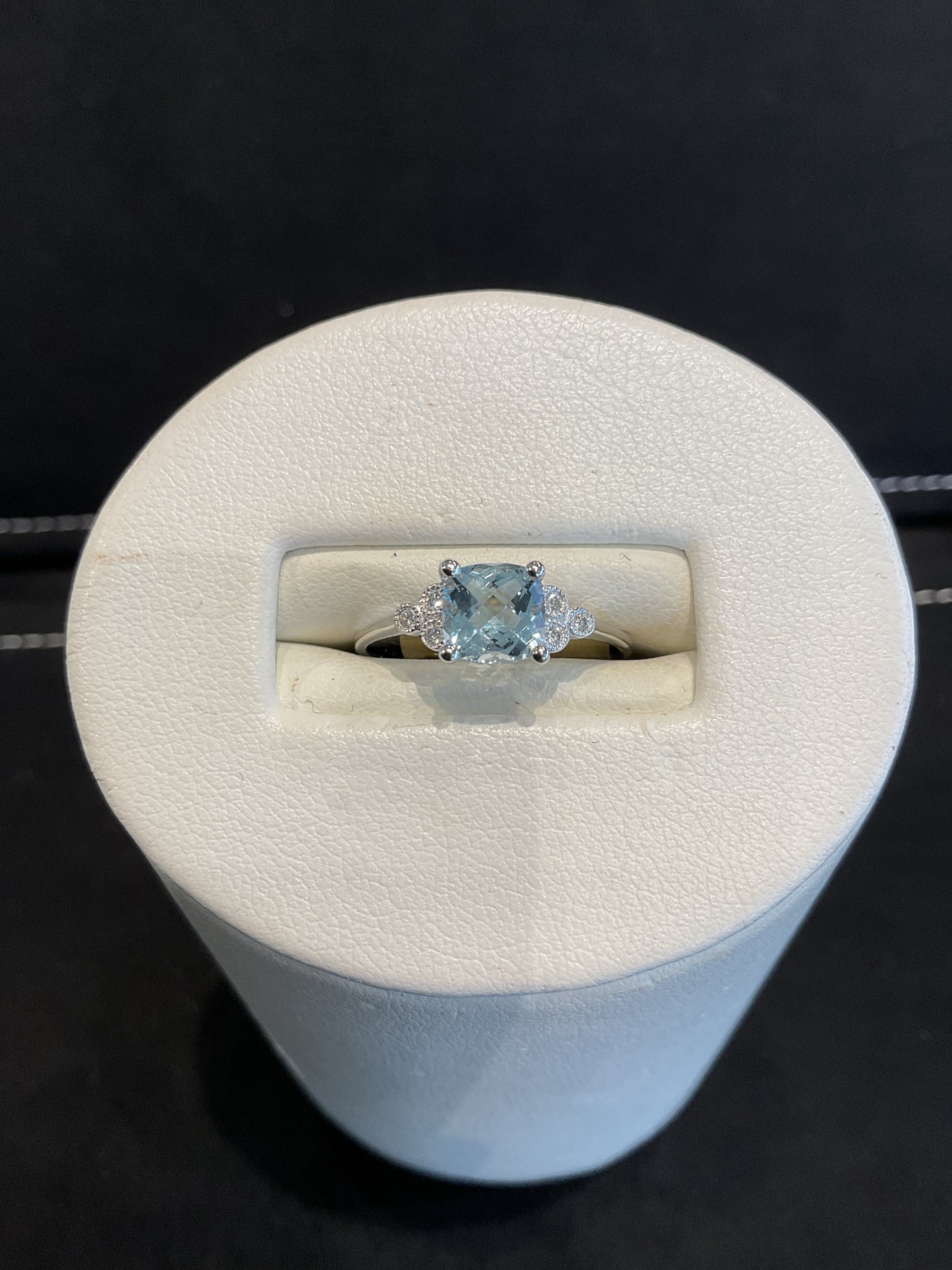 Checkerboard Cushion Cut Aquamarine 14KT White Gold Ring With Round Brilliant Cut Bezel Set Diamond Accents