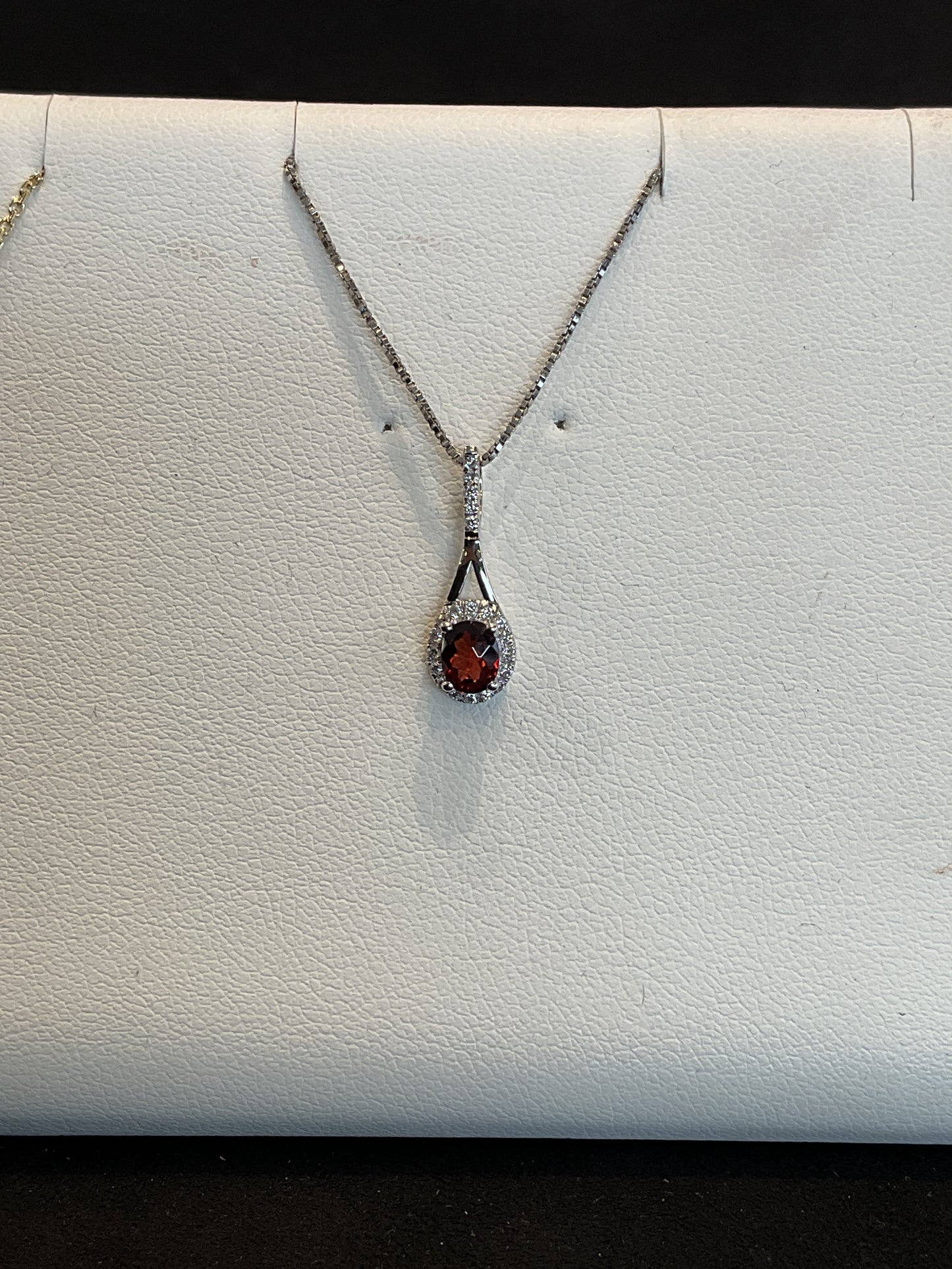 Oval Checkerboard Cut Red Garnet with Round Brilliant Cut Diamond Halo 14KT Yellow Gold Drop Necklace