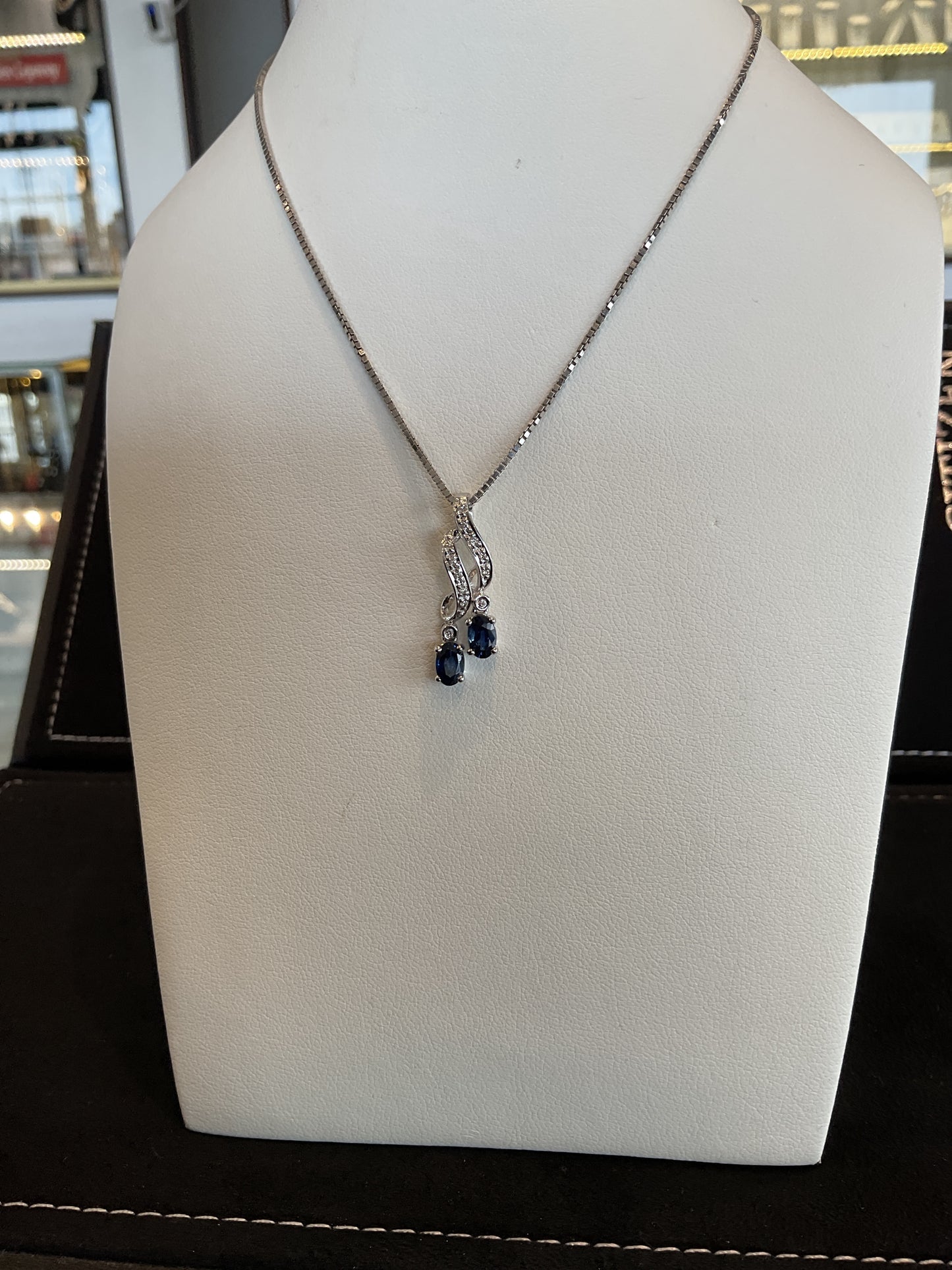 Double Oval Blue Sapphire with Round Brilliant Cut Diamond 14KT White Gold Necklace 18" Chain