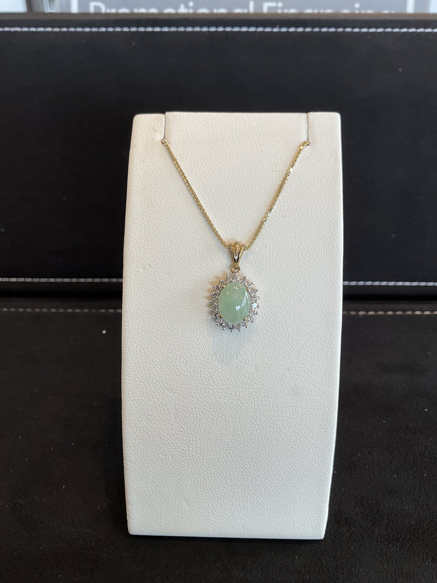 Oval Cabochon Cut Green Jade with Round Brilliant Cut Diamond Halo Setting 14KT Yellow Gold Necklace