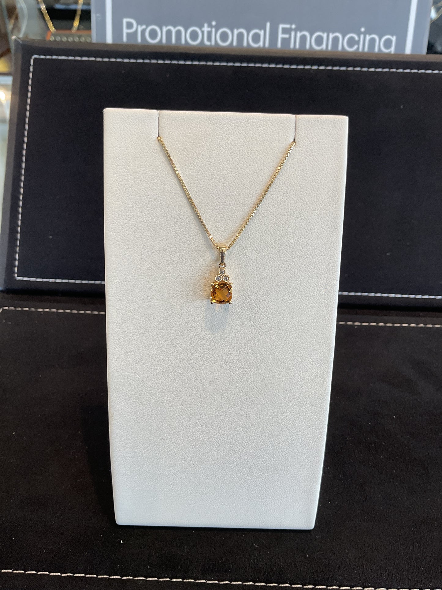 Checkered Cushion Cut Citrine with Round Brilliant Cut Bezel Set Diamonds 14KT Yellow Gold Necklace 18" 10KT Yellow Gold Chain