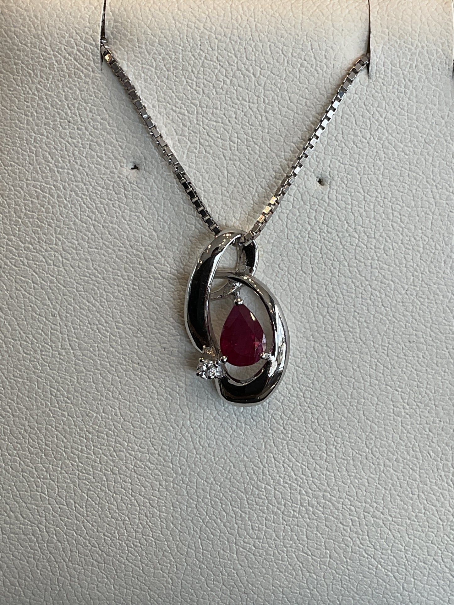 Pear Cut Red Ruby with Single Round Brilliant Cut Diamond Accent 14KT White Gold Swirl Necklace 18" Chain