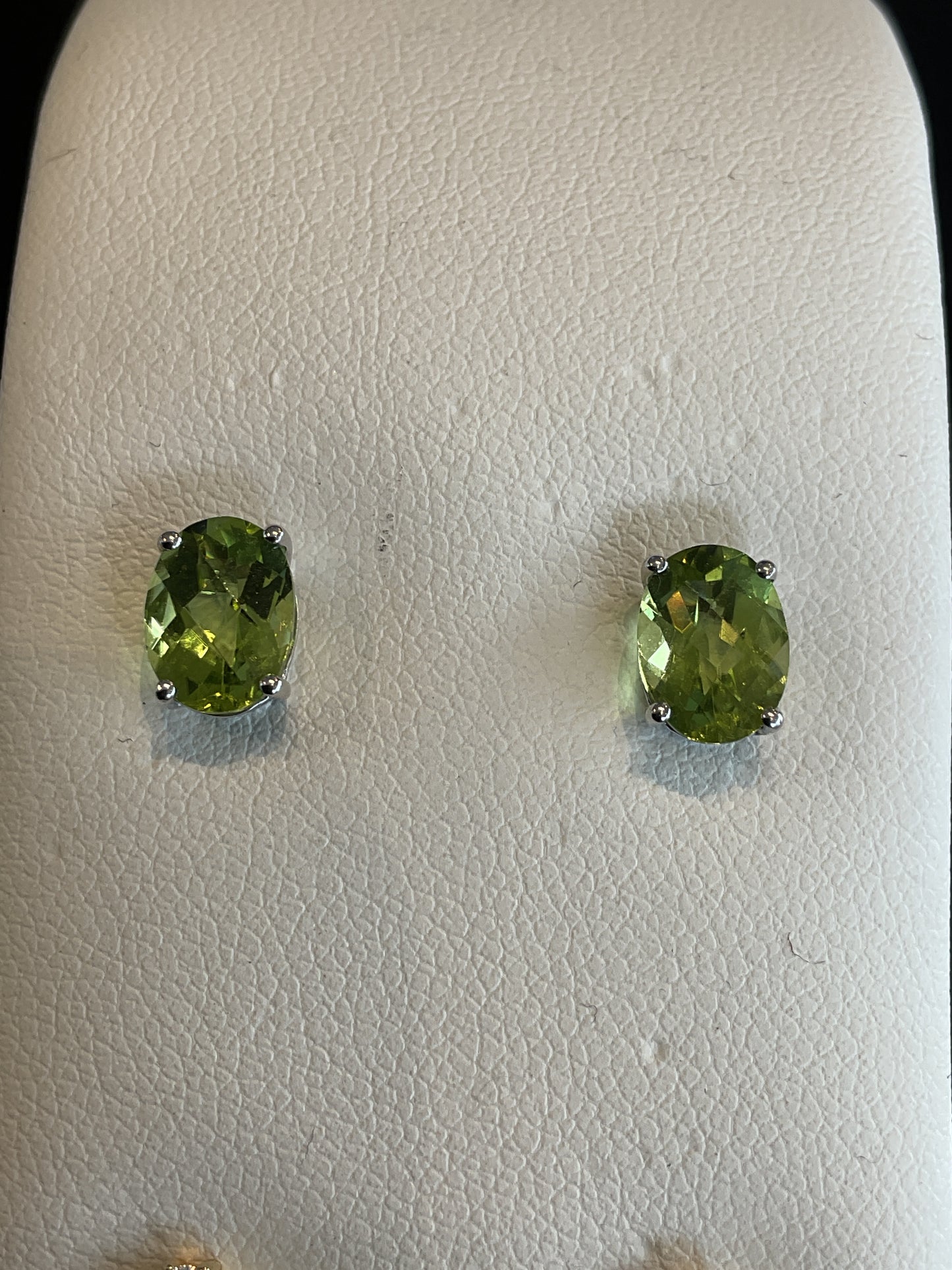 Oval Checkerboard Cut Peridot Prong Set 14KT White Gold Stud Earrings
