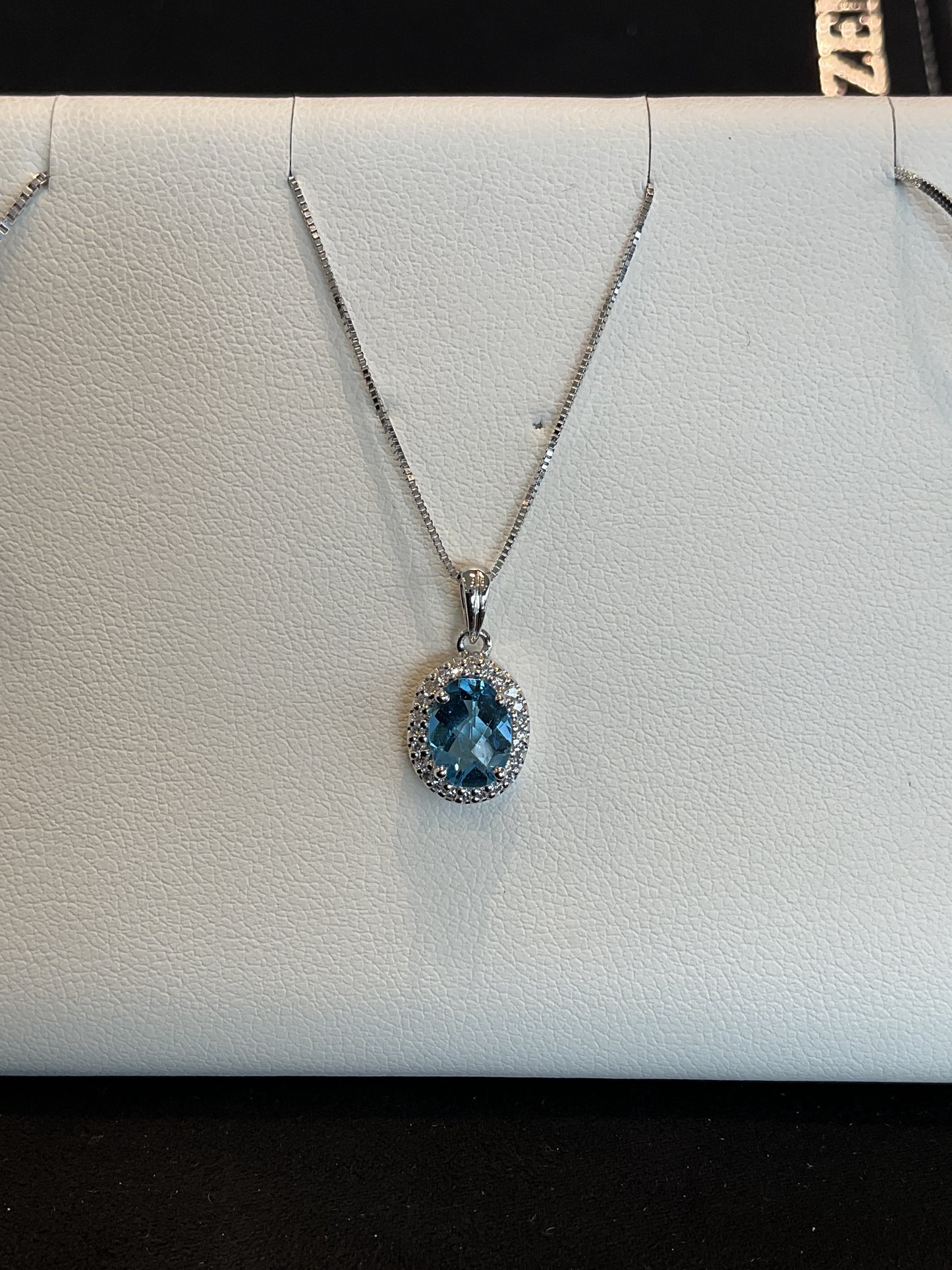 Oval Cut Blue Topaz with Round Brilliant Cut Diamond Halo Setting 14KT White Gold Necklace 18" Chain