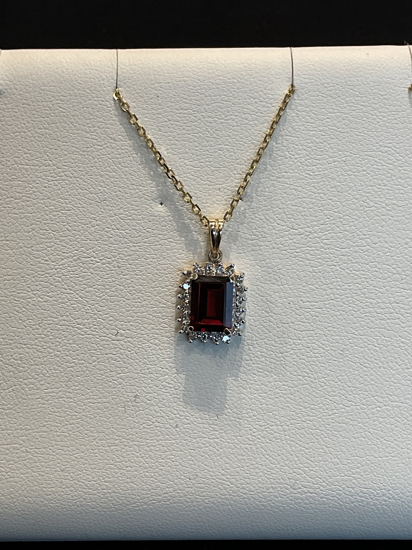 Emerald Cut Red Garnet with Round Brilliant Cut Diamond Halo Setting 14KT Yellow Gold Necklace 18" 14KT Yellow Gold Chain