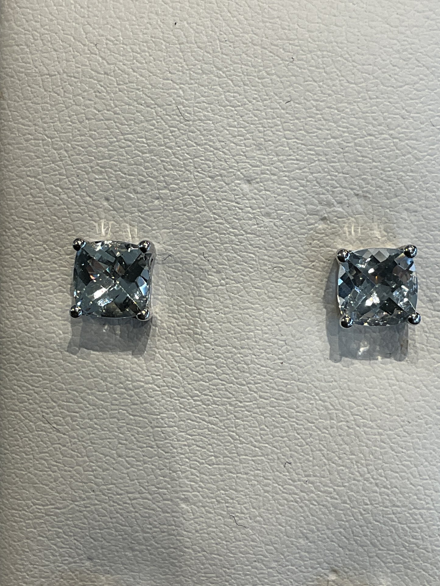 Checkerboard Cushion Cut Aquamarine Prong Set 14KT White Gold Stud Earrings