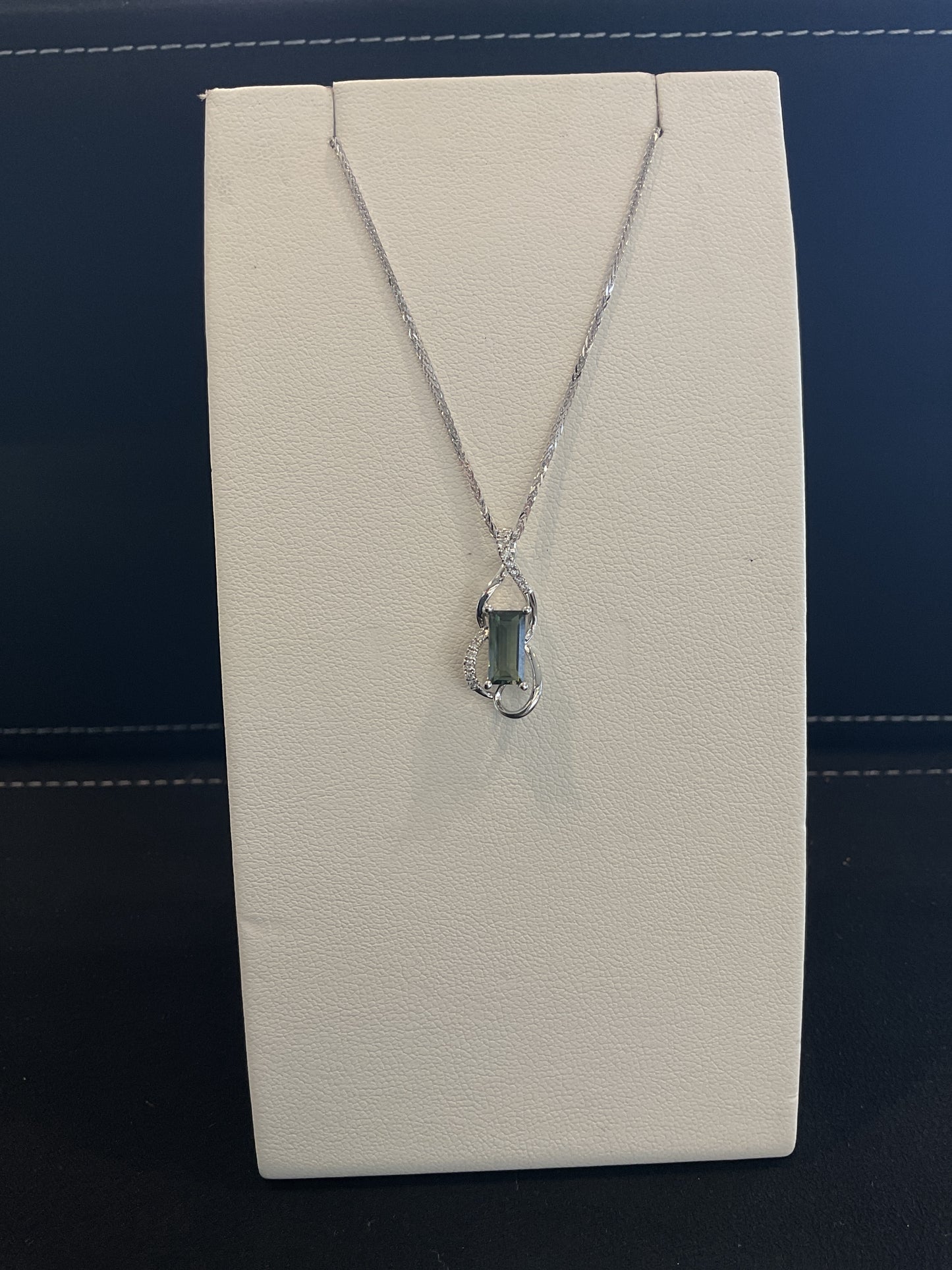 Emerald Cut Green Tourmaline with Round Brilliant Cut Diamond Accents 14KT White Gold Freeform Necklace 18" 14KT White Gold Chain