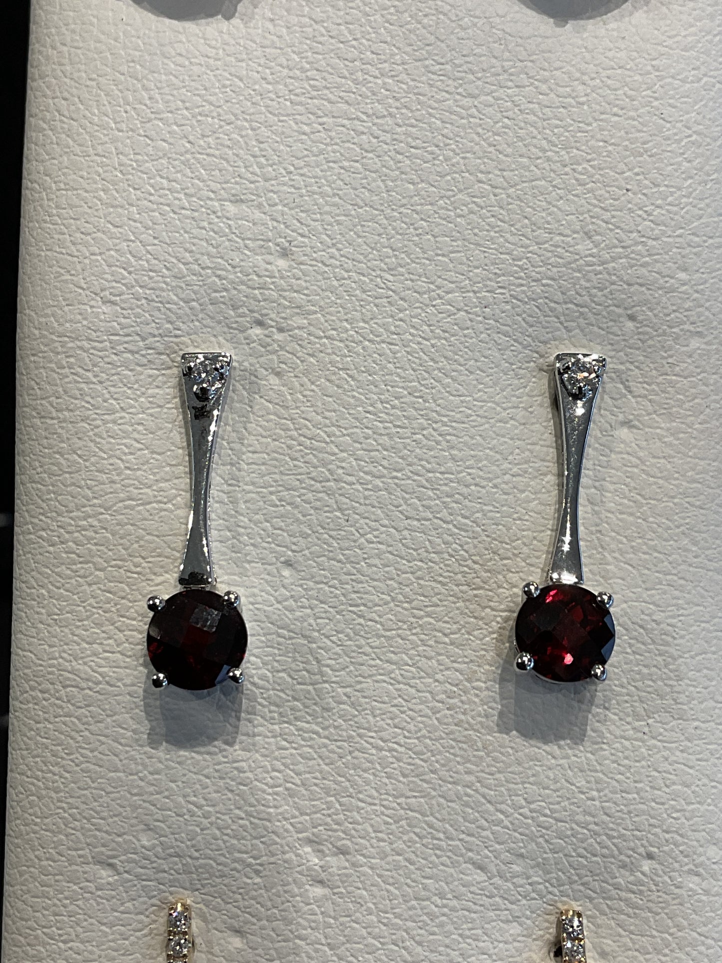 Checkered Round Cut Red Garnet 14KT White Gold Dangle Stud Earrings with Single Round Brilliant Cut Diamond Accent