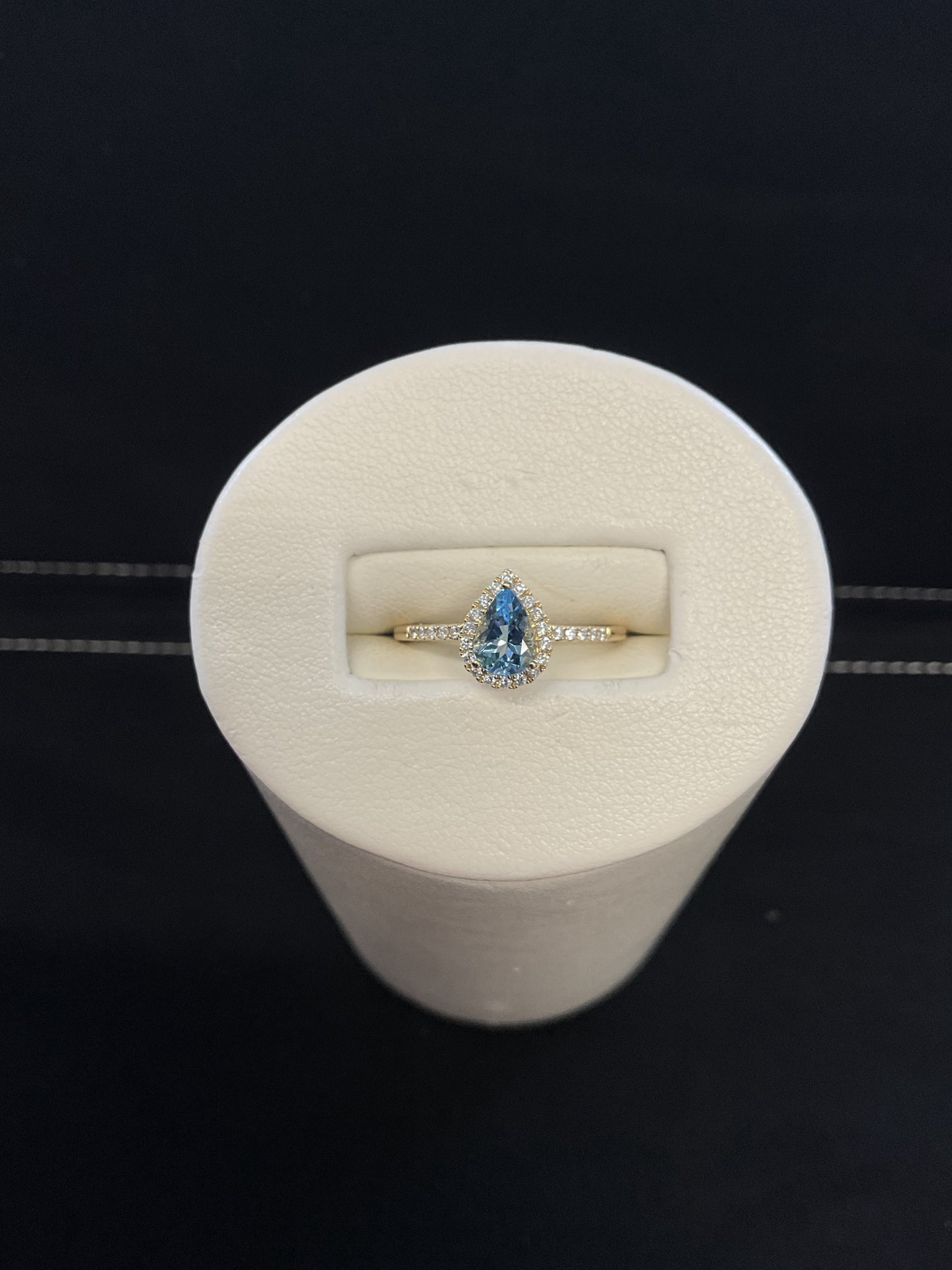 Pear Shape Aquamarine 14KT Yellow Gold Ring with Diamond Halo and Shank
