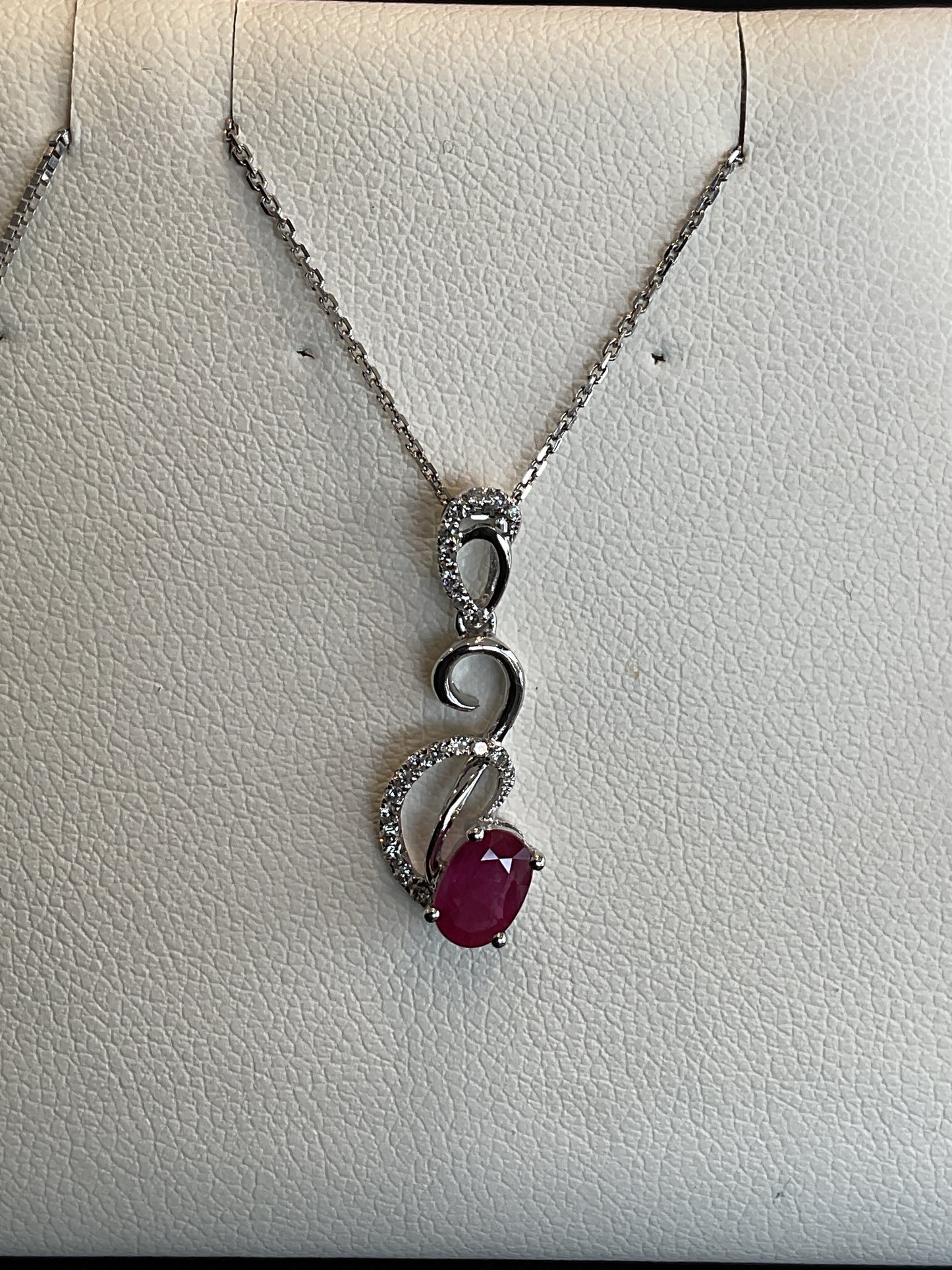 Oval Cut Red Ruby with Round Brilliant Cut Diamond Accents 14KT White Gold Fancy Necklace 18" Chain
