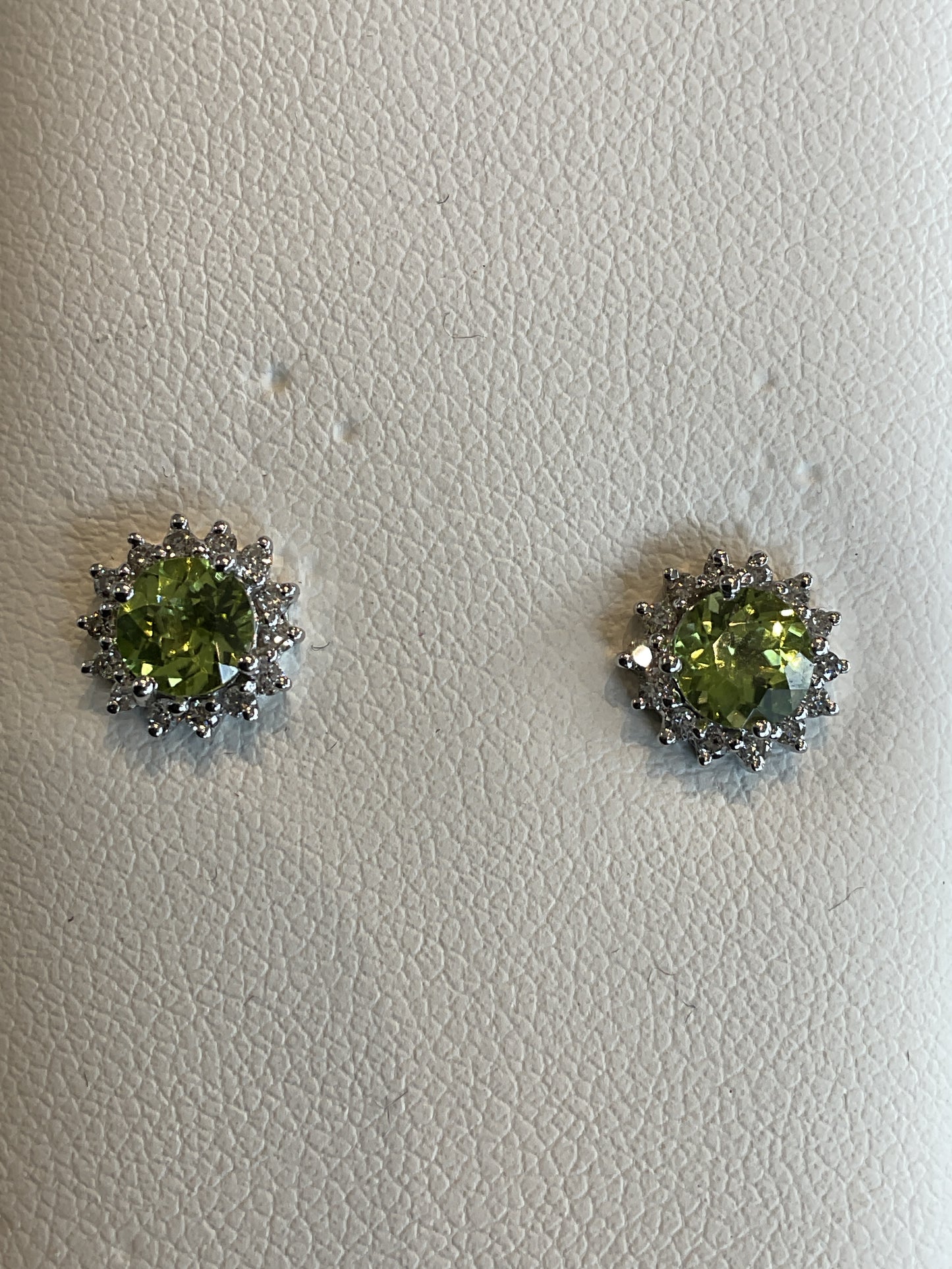 Round Cut Peridot Prong Set 14KT White Gold Round Brilliant Cut Diamond Halo Stud Earrings