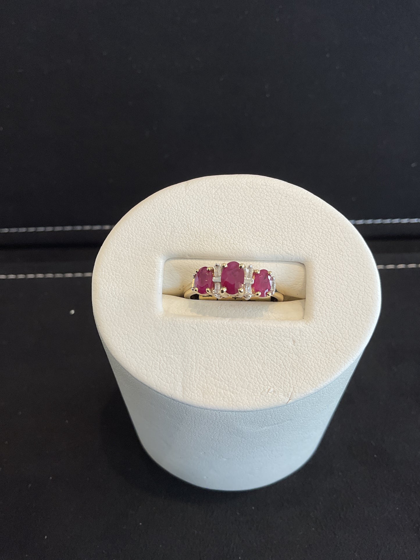 Triple Oval Cut Red Ruby 14KT Yellow Gold Ring with Baguette Cut Diamond Accents