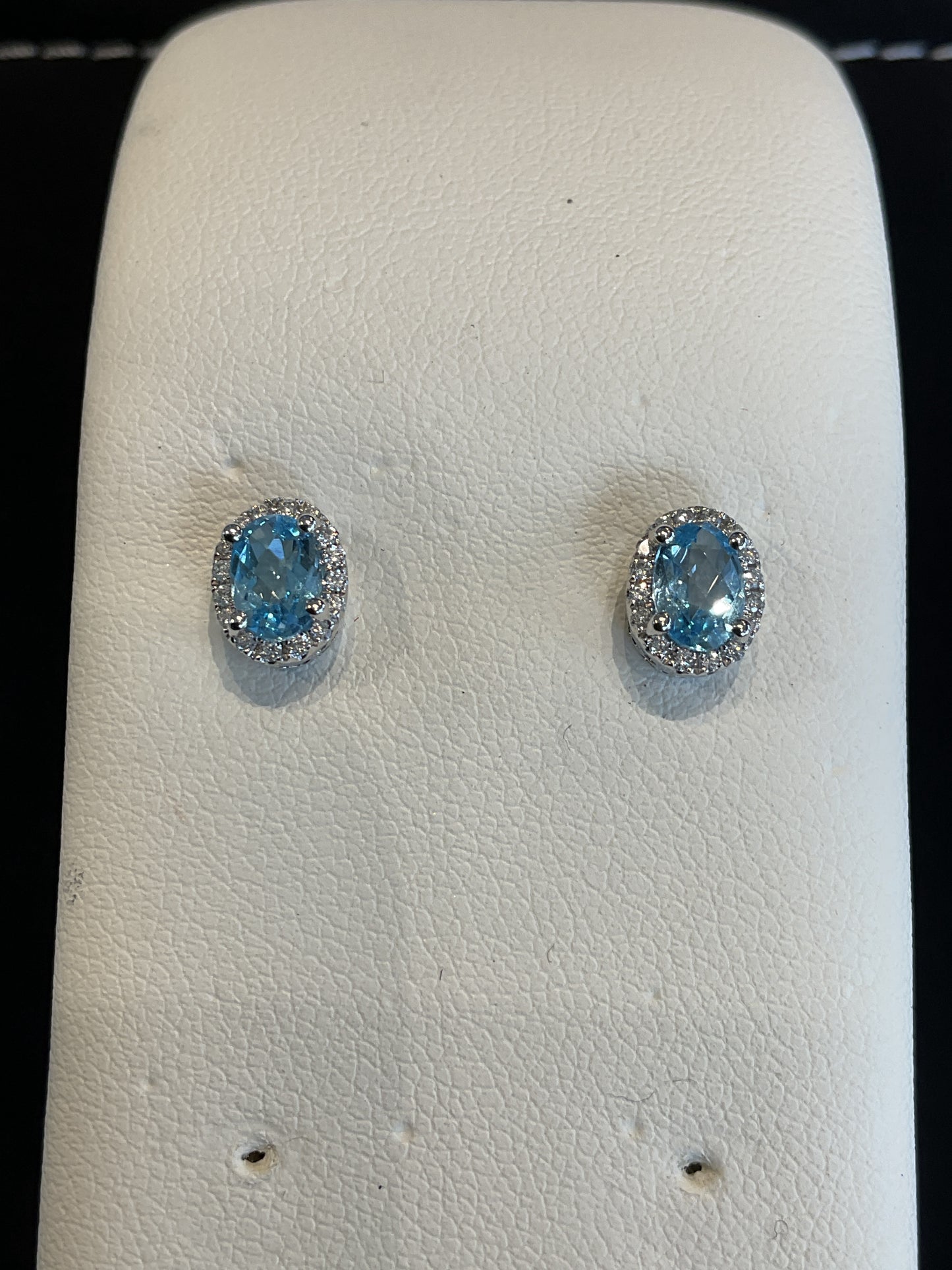 Oval Checkered Cut Blue Topaz Prong Set 14KT White Gold Round Brilliant Cut Diamond Halo Stud Earrings