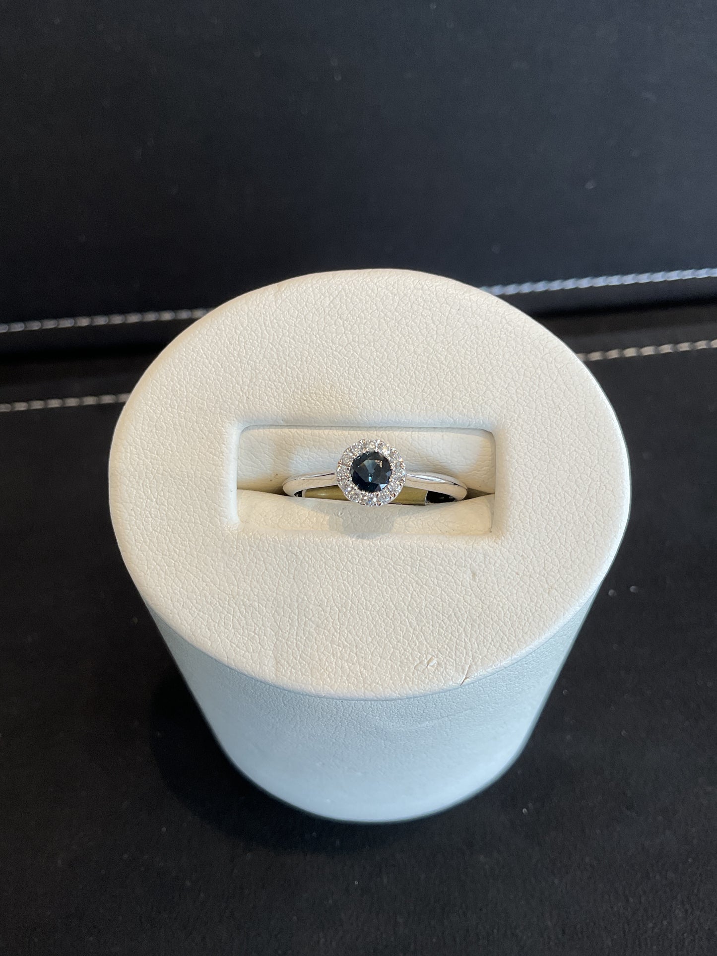 Round Checkerboard Cut Bezel Set Blue Sapphire 14KT White Gold Ring with Round Brilliant Cut Diamond Halo