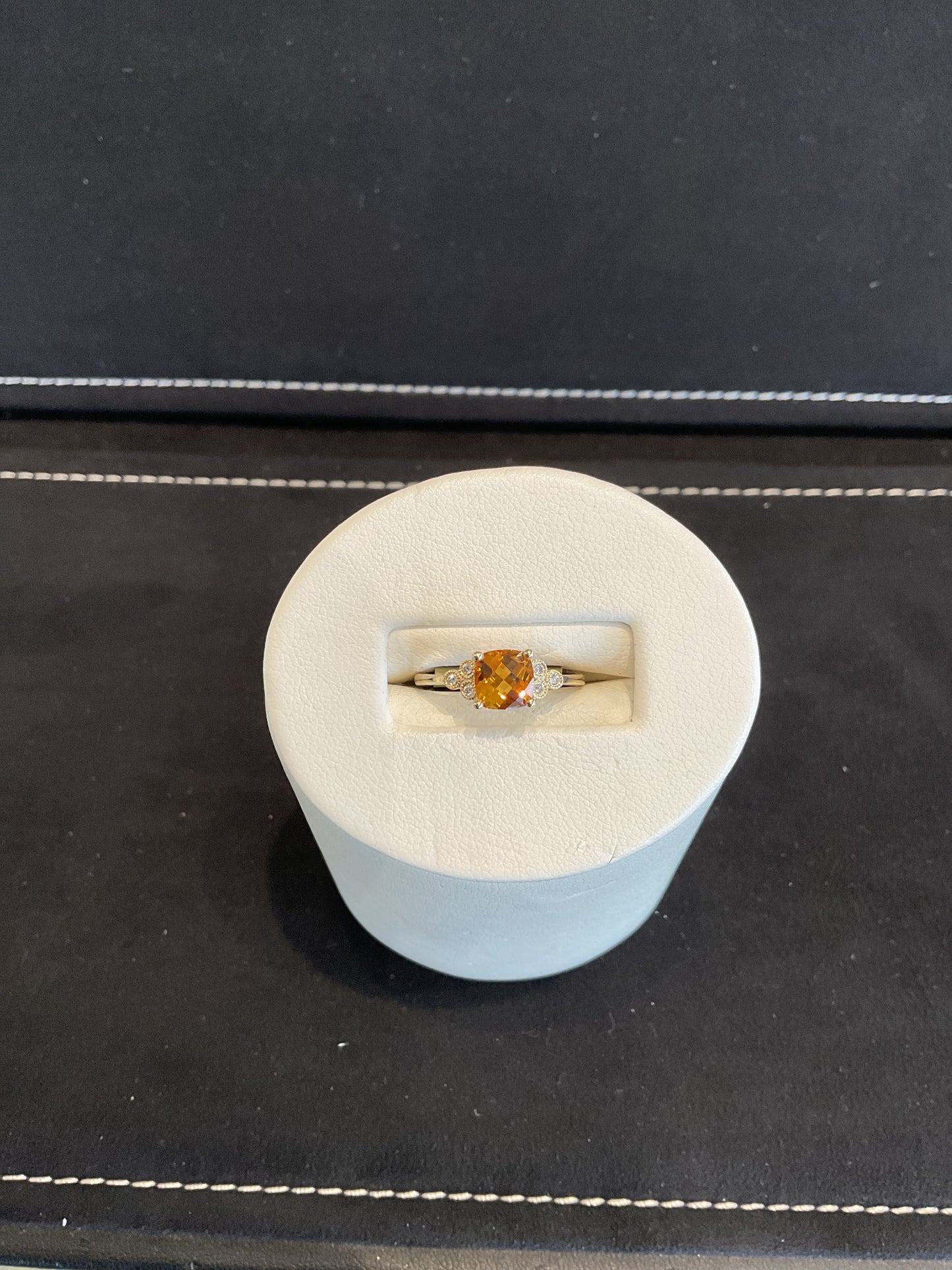 Checkered Cushion Cut Citrine 14KT Yellow Gold Ring with Round Brilliant Cut Bezel Set Diamond Accents