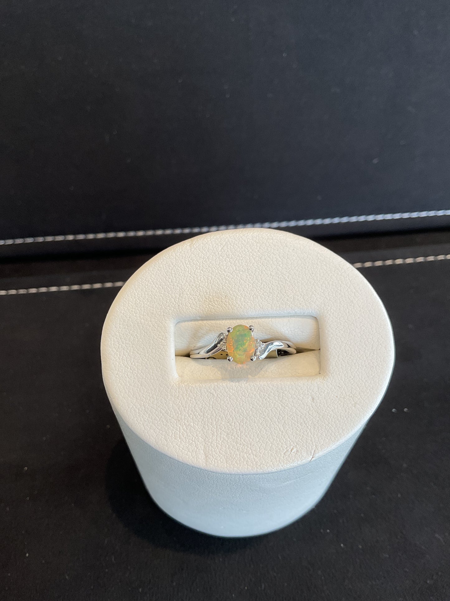 Oval Faceted Cut Opal 14KT White Gold Ring with Round Brilliant Cut Diamond Accents