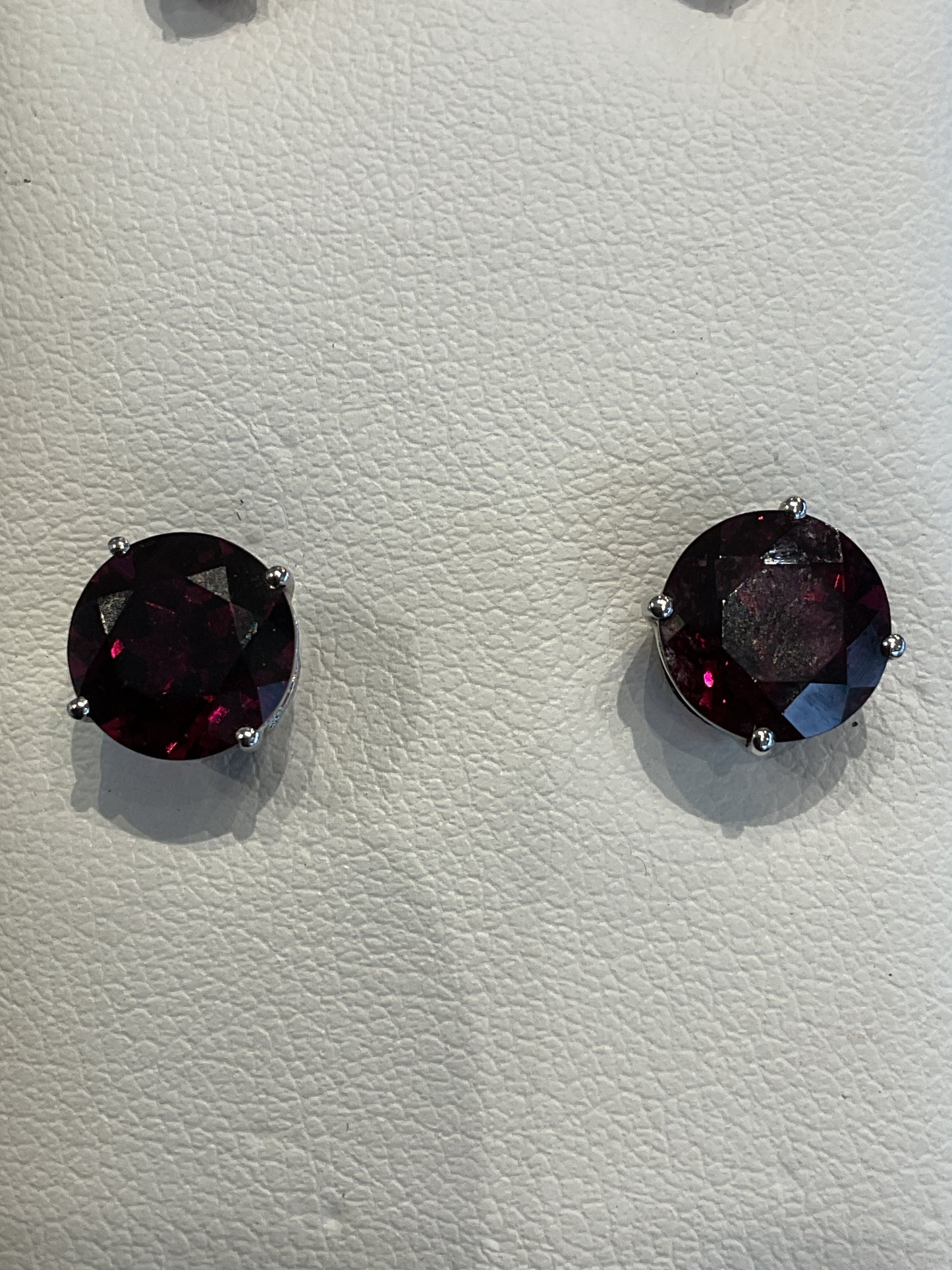 Round Cut Rhodolite Red Garnet Prong Set 14KT White Gold Stud Earrings