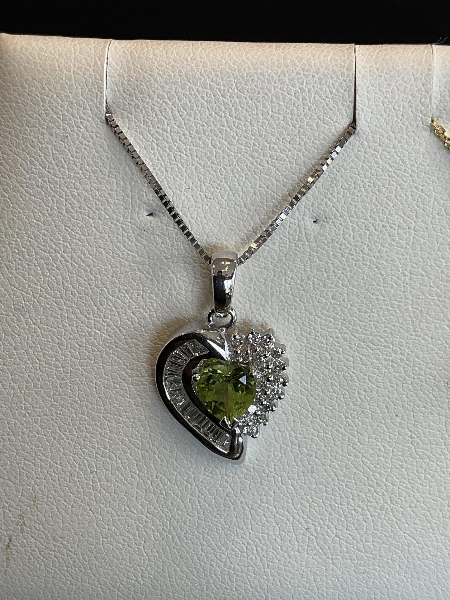 Heart Cut Peridot 14KT White Gold Round Brilliant Cut Diamond Half and Channel Set Baguette Half Necklace