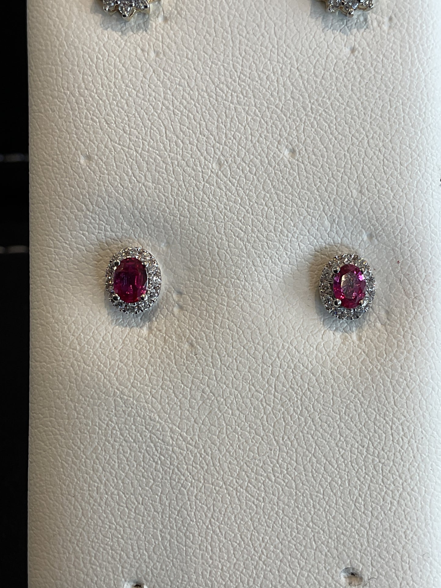 Oval Cut Red Ruby with Round Brilliant Cut Diamond Halo Prong Set 14KT White Gold Stud Earrings